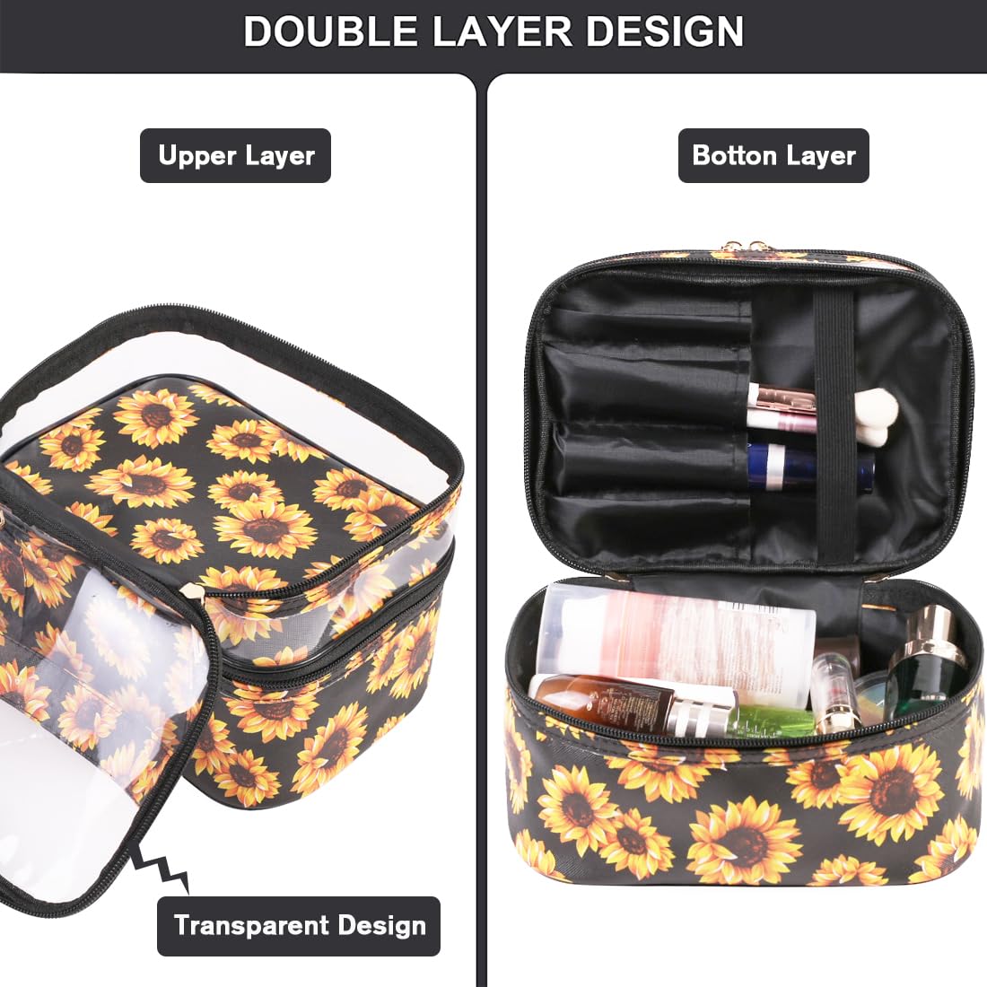 FITINI Double Layer Makeup Bag for Travel - Large Water-Resistant Cosmetic Organizer & Toiletry Case with Brush Holder - Perfect for Women's Makeup Storage, Sunflower Design | Ideal for Travel, Gym, and Daily Beauty Essentials