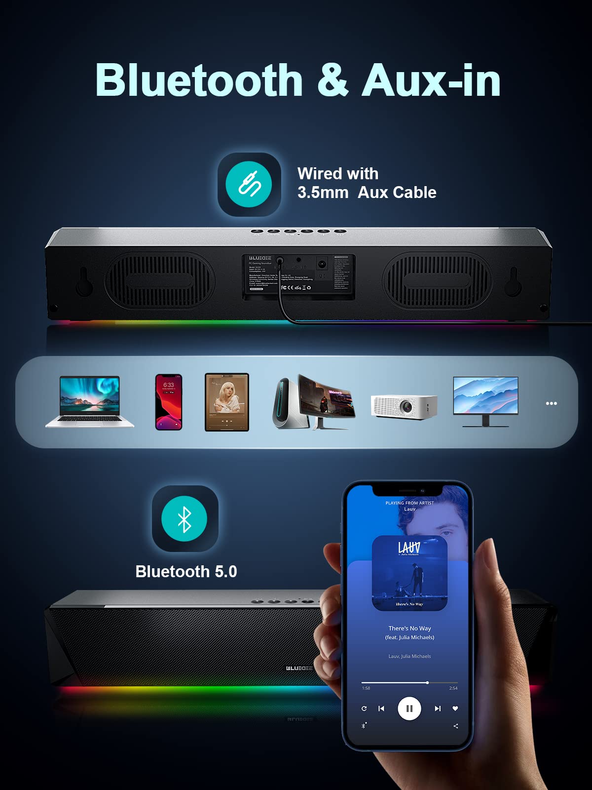 24W Bluetooth Computer Soundbar with Deep Bass - USB/3.5mm Aux-in PC Speakers for Desktop Monitor, Gaming & Home Office - AC Powered Multimedia Sound Bar for Computers, Laptops & Workstations