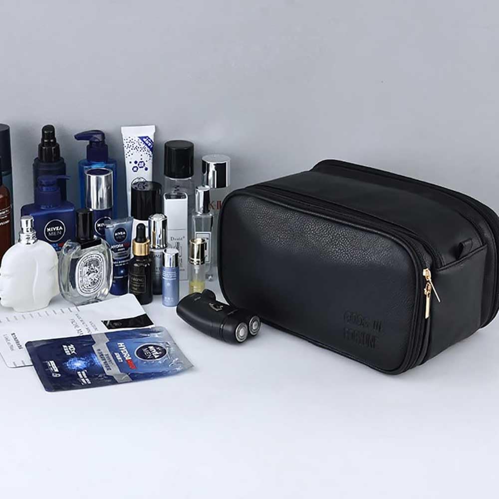 JAF Men's Travel Toiletry Bag - Waterproof Leather Cosmetic Organizer for Men | Compact & Durable Small Travel Bag (Black) | Perfect for Business Trips, Gym & Weekend Getaways