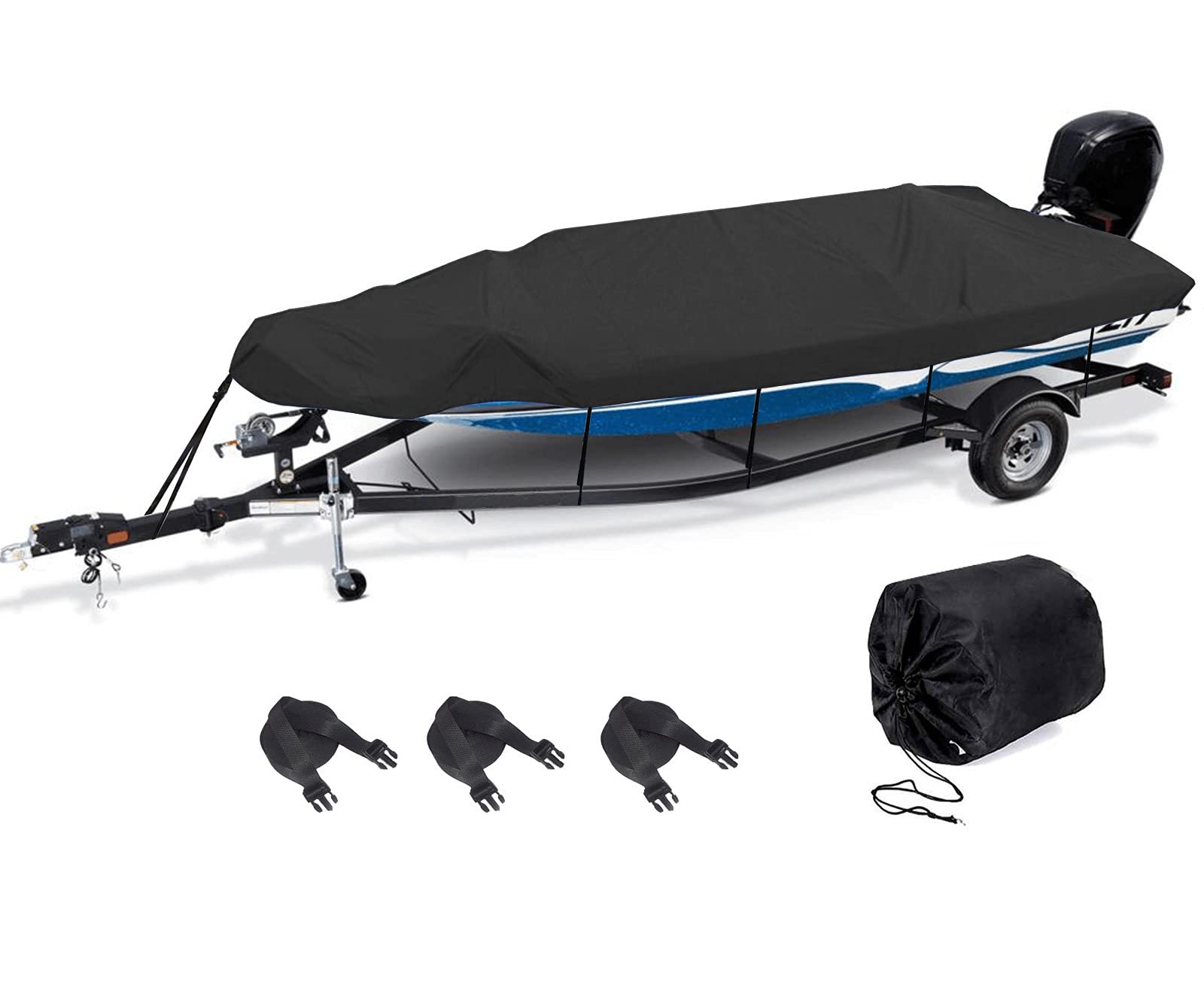 210D Oxford Fabric Waterproof Bass Boat Cover - Trailerable, Fits V-Hull, Fishing Boat & Tri-Hull (12-14FT, 450x230cm, Black) | Pro-Style Boat Protection for Freshwater & Saltwater Fishing
