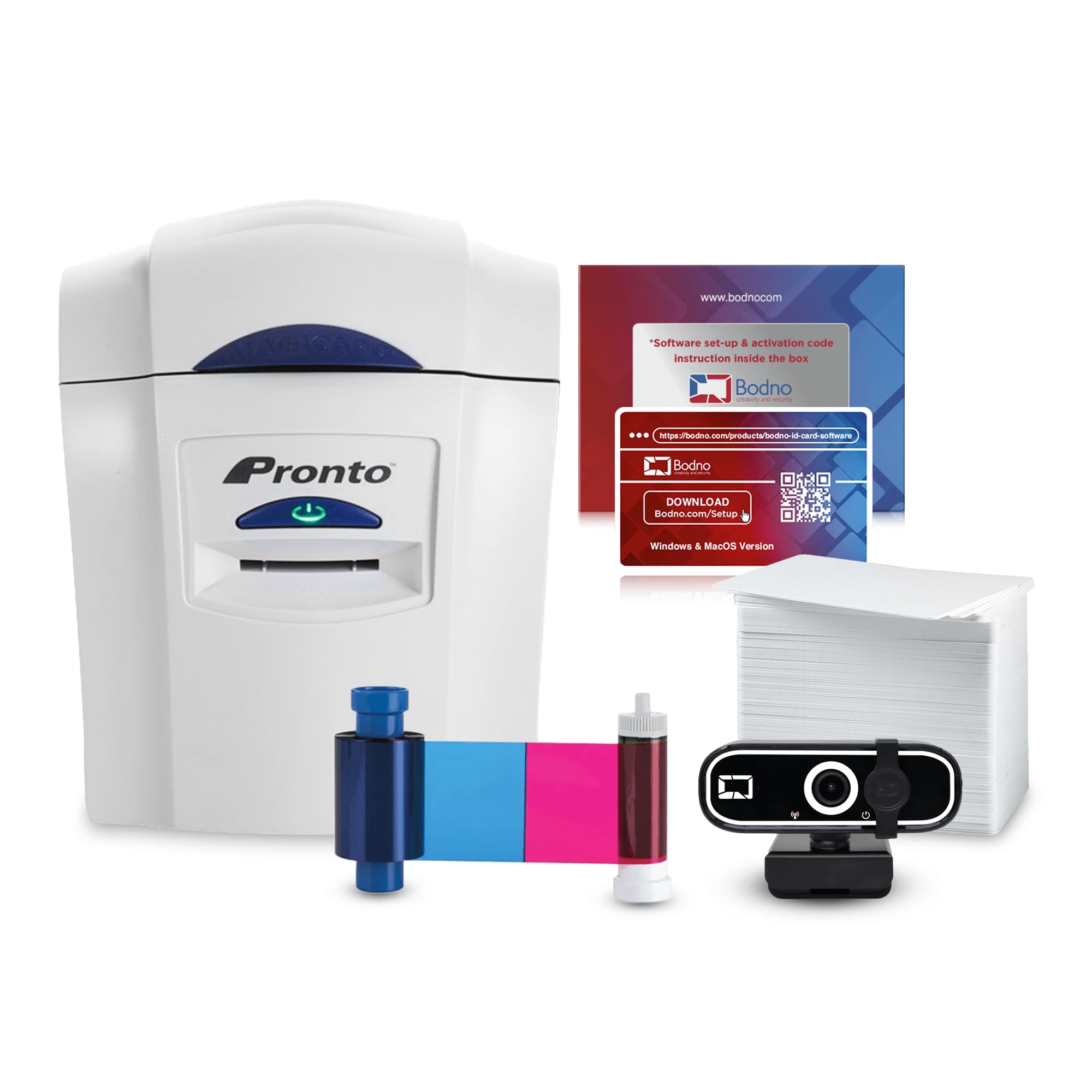 Bodno Magicard Pronto ID Card Printer Kit - Includes ID Software, Camera, 300 Blank Cards & 300 Print Ribbons (Silver Edition) | Perfect for Schools, Offices & Event Badge Printing