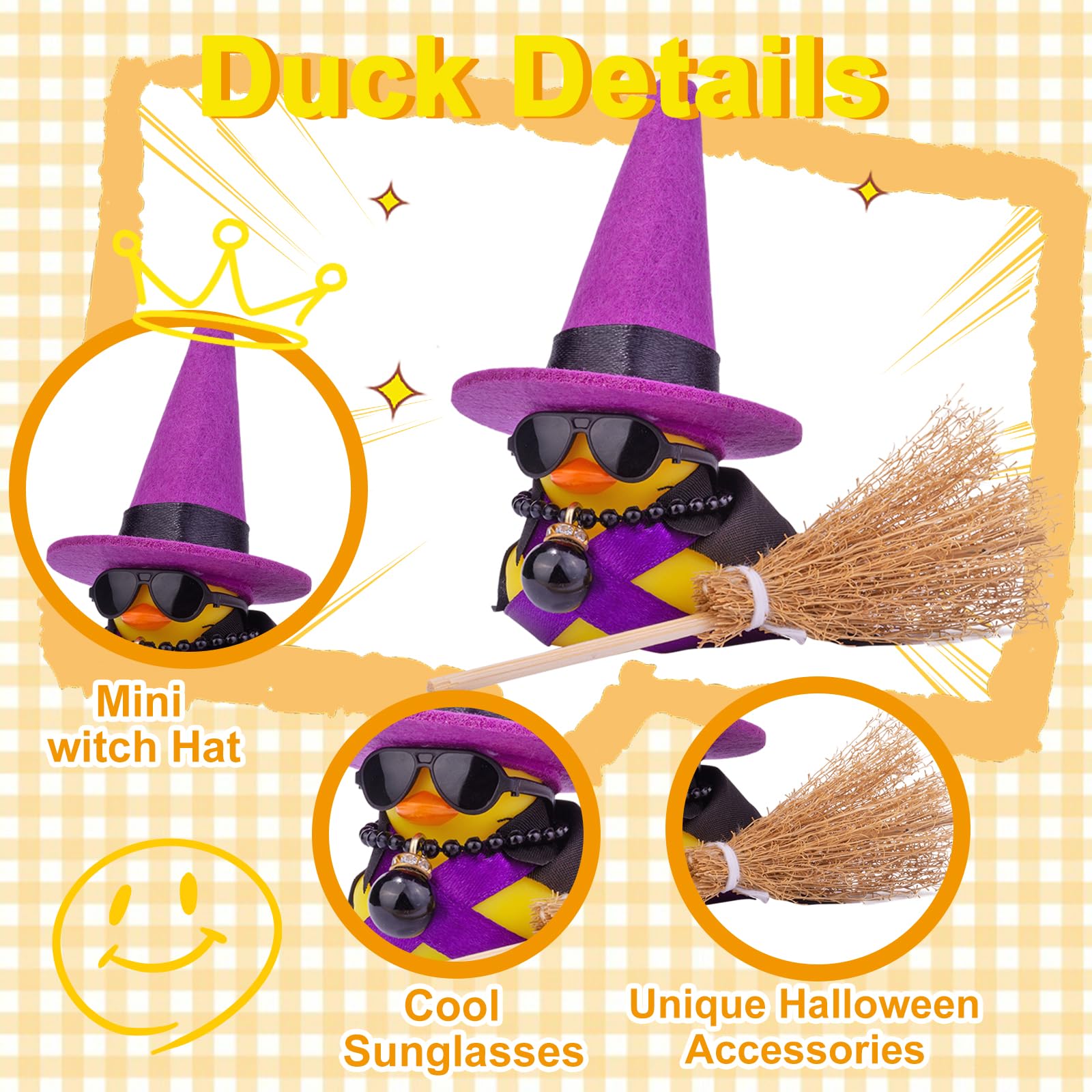 Witch Duck Car Dashboard Decorations - Cute Duck Car Ornaments with Witch Hat, Broom & Sunglasses - Fun Car Accessories for Halloween & Everyday Decor