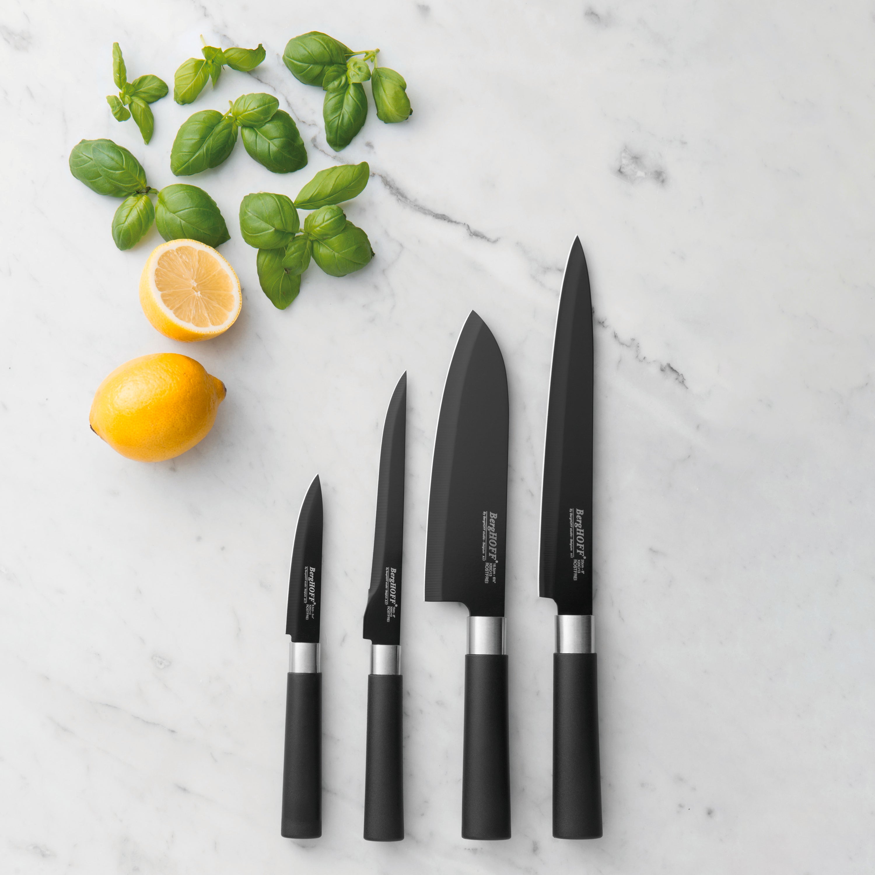 BergHOFF Essentials 4-Piece Ceramic Coated Stainless Steel Knife Set - Black Kitchen Knives for Professional Chefs & Home Cooking | Sharp Durable Knives for Slicing, Dicing & Chopping Vegetables, Meat & Fruits
