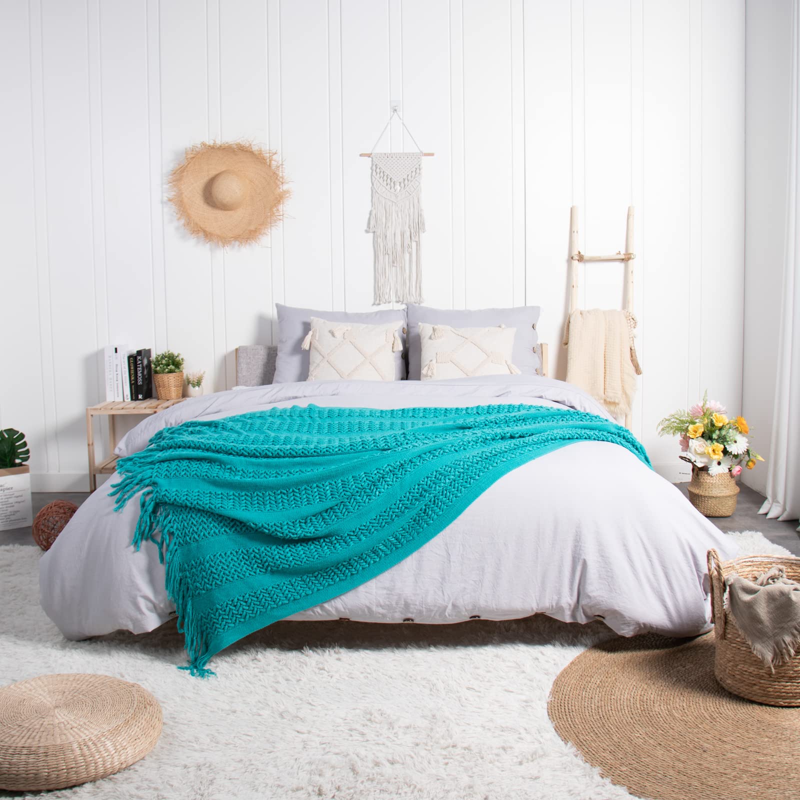 Lifein Soft Boho Knitted Farmhouse Throw Blanket - Cozy Lightweight Blanket with Tassels for Couch, Bed, Sofa & Chair | Perfect for Autumn, Home Decor & Gift (Teal/Turquoise, 50x60 inches) - Ideal for Reading Nooks, Fireplace Lounging & Cozy Evenings