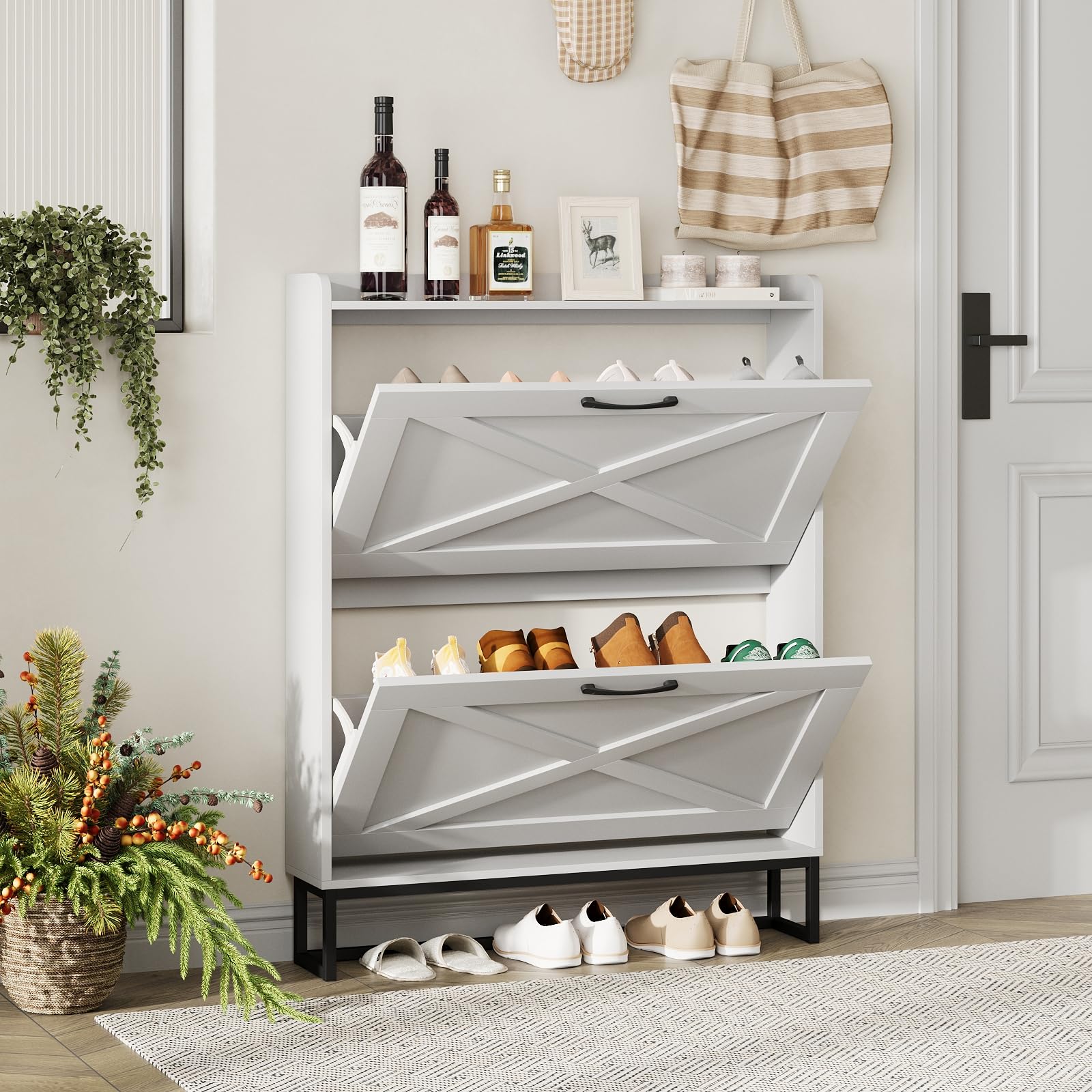 Maupvit Narrow Shoe Cabinet with 2 Flip Drawers - Slim Entryway Shoe Storage Organizer with Metal Legs, Farmhouse Style Free Standing Shoe Rack for Hallway, Living Room & Bedroom Closet Organization