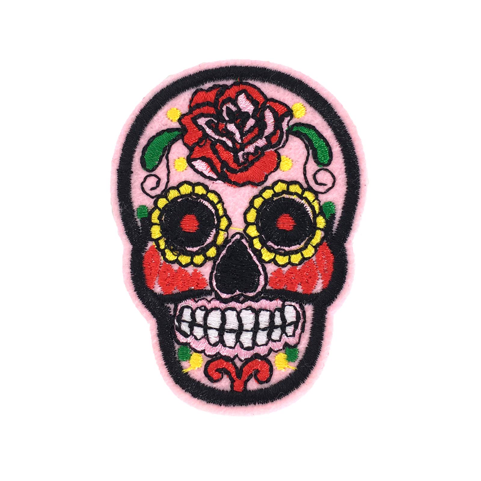 Rose Sugar Skull Embroidered Iron On Patch Applique - Pink Multicolor DIY Sewing Patch for Jackets, Bags & Denim - Gothic Fashion Accessory for Halloween & Day of the Dead Celebrations