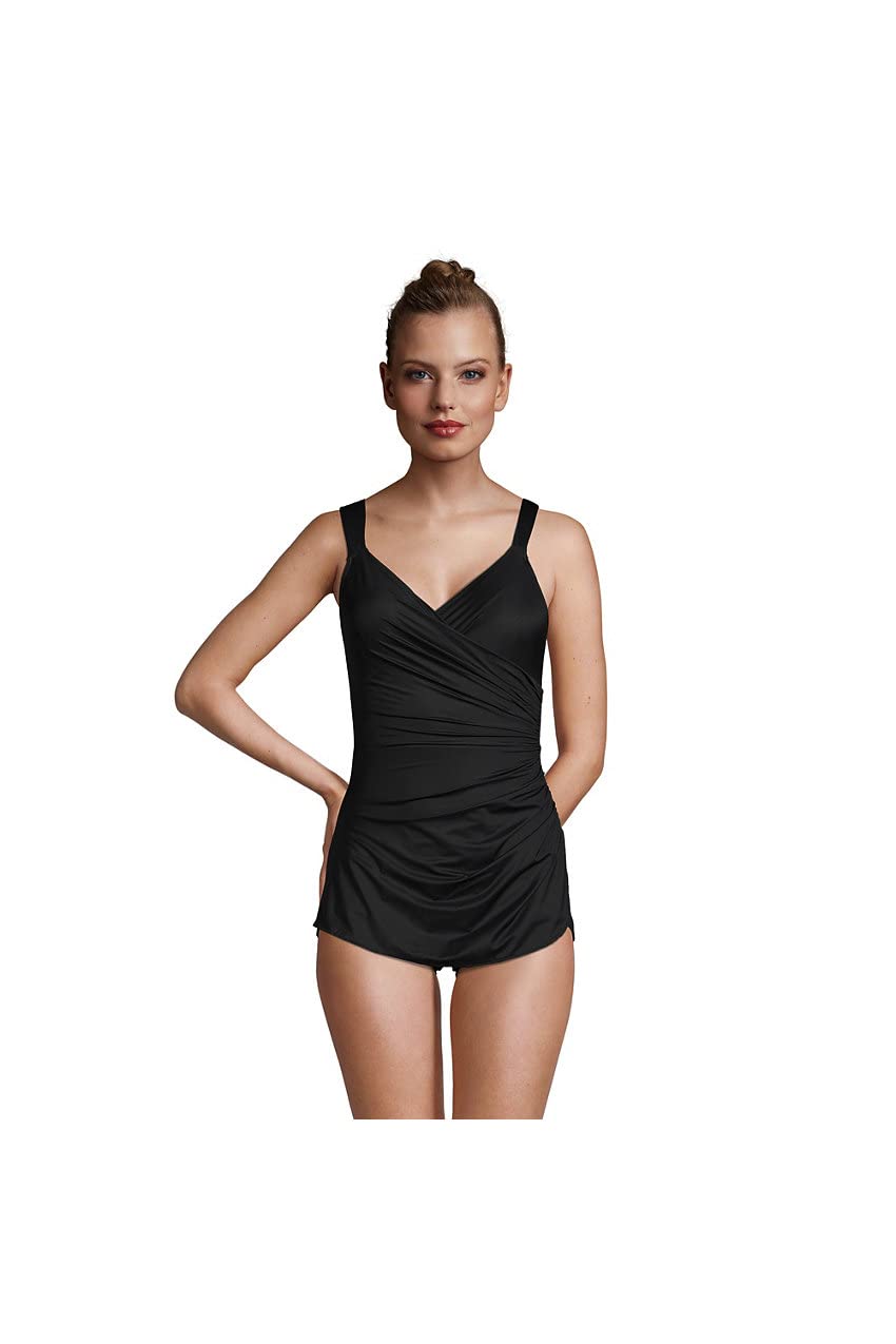 Lands' End Women's Slender V-Neck Tummy Control Chlorine Resistant Skirted One Piece Swimsuit - Slimming Bathing Suit for Swimming, Beach & Vacation