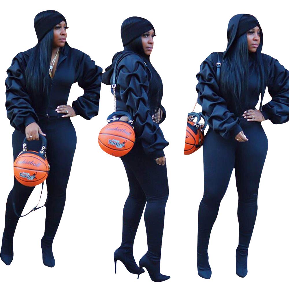 Remelon Women's Two Piece Hoodie Sweatshirt Outfit - Ruched Puff Sleeve Bodycon Jumpsuit Tracksuit Set | Casual Streetwear & Lounge Wear for Women