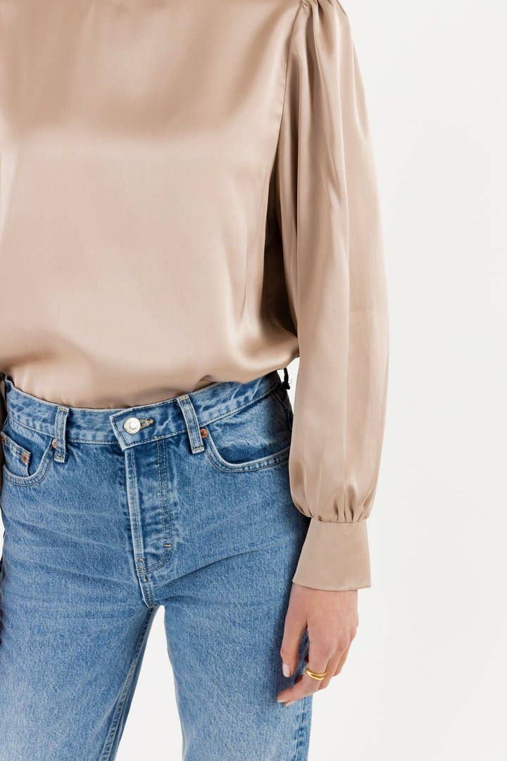 Brian Long Sleeve Satin Blouse for Women - Elegant Dusty Pink Shirt for Office, Party & Date Night - Soft & Shiny Formal Blouse
