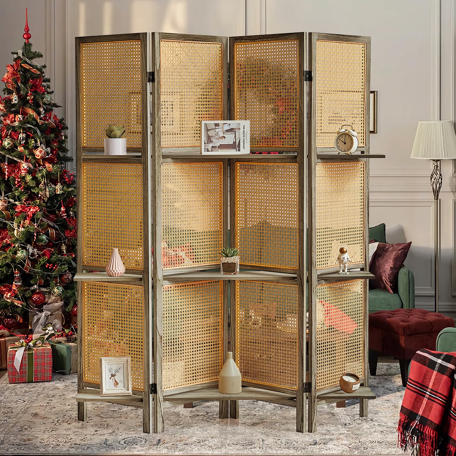 4 Panel Wooden Room Divider with Shelves - Foldable Rattan Privacy Screen, Portable Partition for Home & Office - Perfect for Room Separation, Dressing Room, Studio, or Event Decoration (Brown)