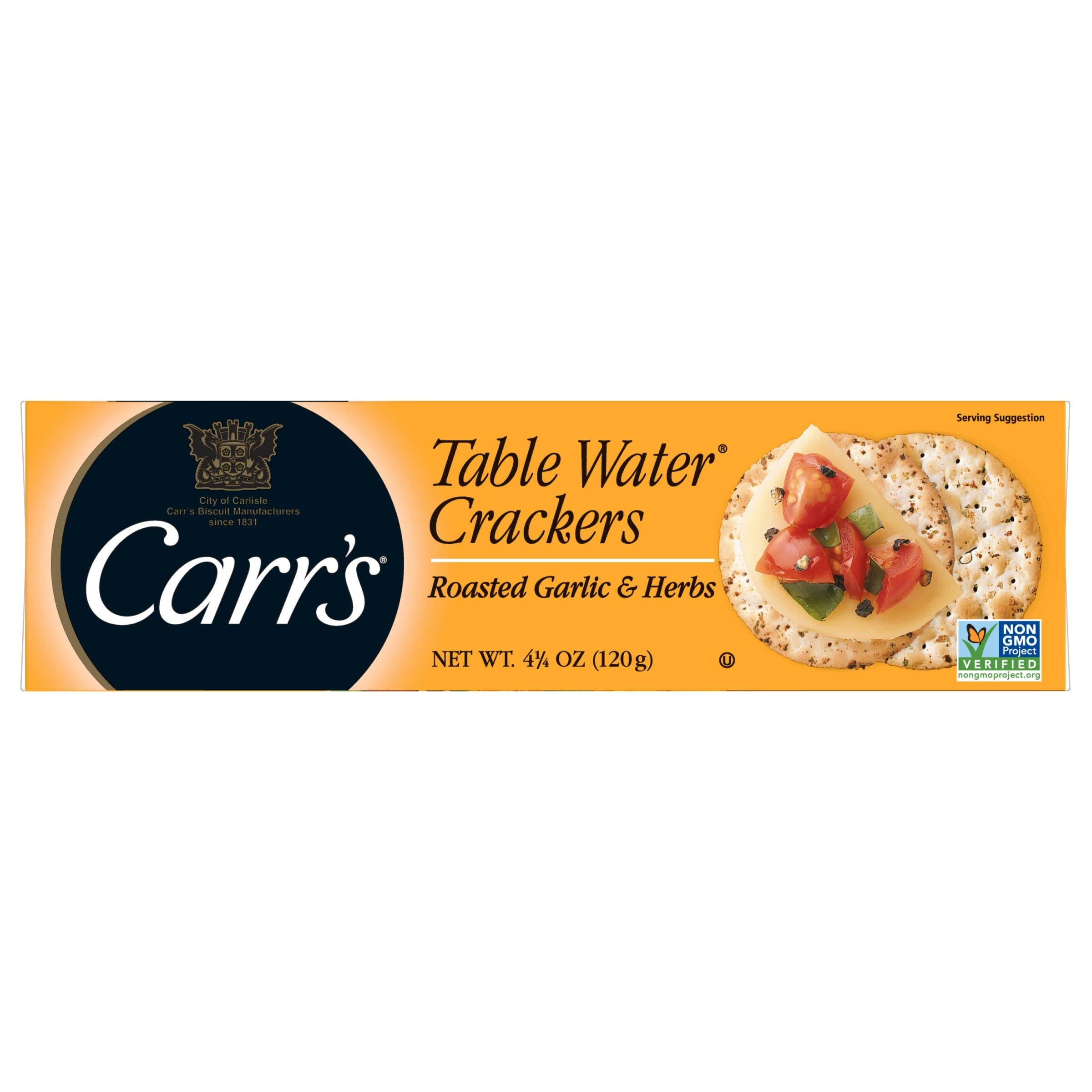 Carr's Table Water Crackers - Roasted Garlic & Herbs Flavor, Baked Snack Crackers, 4.5oz Box (Pack of 1) | Perfect for Parties, Cheese Platters & Gourmet Appetizers