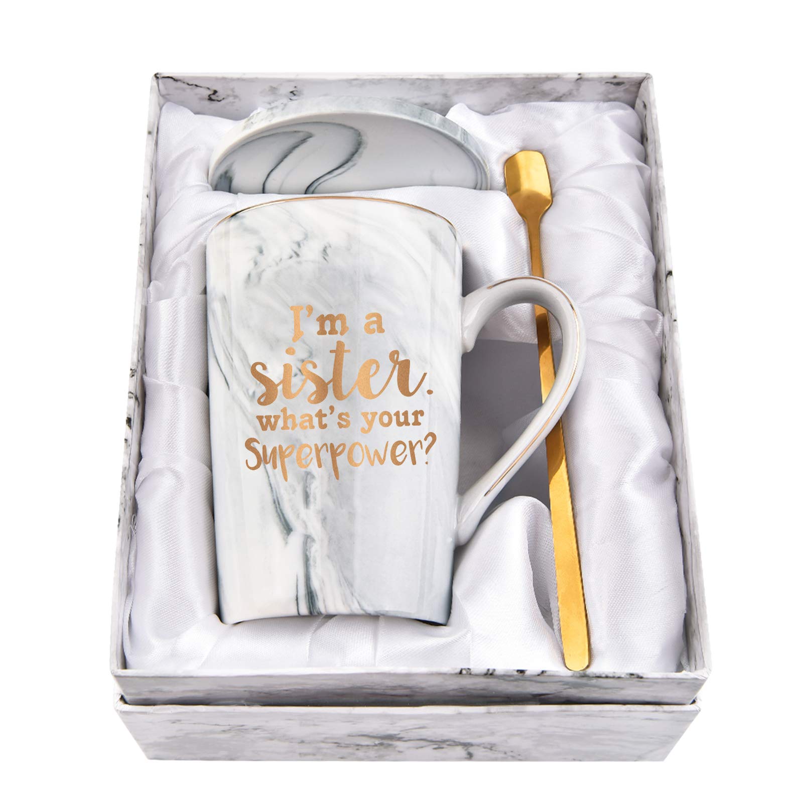 Funny Sister Coffee Mug - 'I'm a Sister, What's Your Superpower?' 14Oz Marble Ceramic Mug with Gift Box, Spoon & Coaster - Perfect Sister Birthday, Christmas Gift Idea (Gray) - Great for Coffee, Tea, Hot Chocolate & Office/Home Use