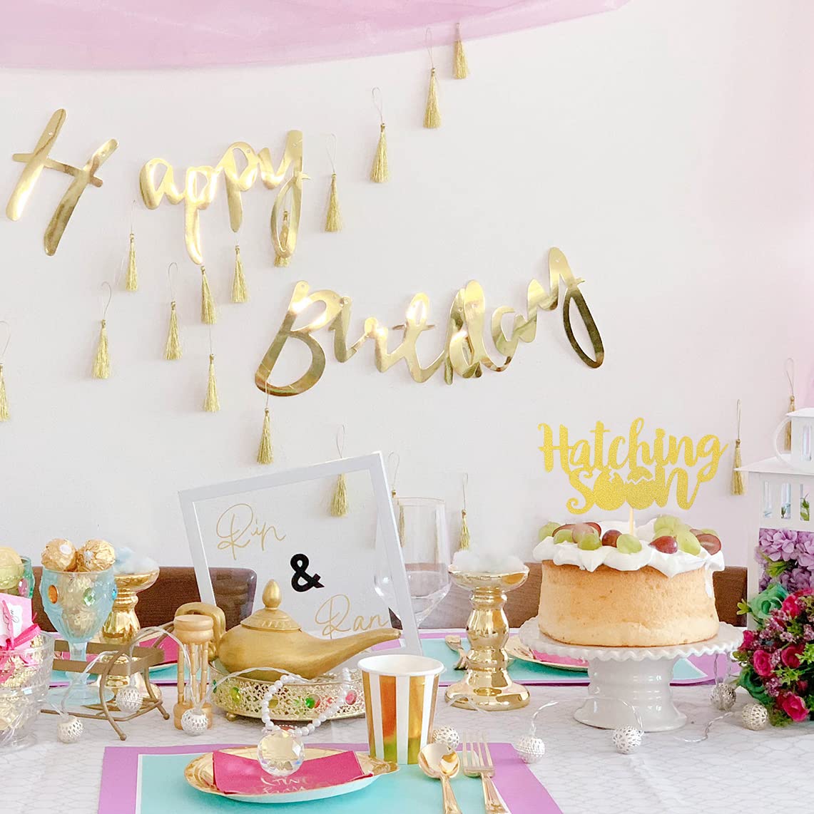 Dinosaur Theme 'Hatching Soon' Gold Glitter Cake Topper - Single-Sided Pregnancy & Baby Shower Decoration for Gender Reveal Parties | Perfect for Baby Showers, Gender Reveals & Nursery Decor