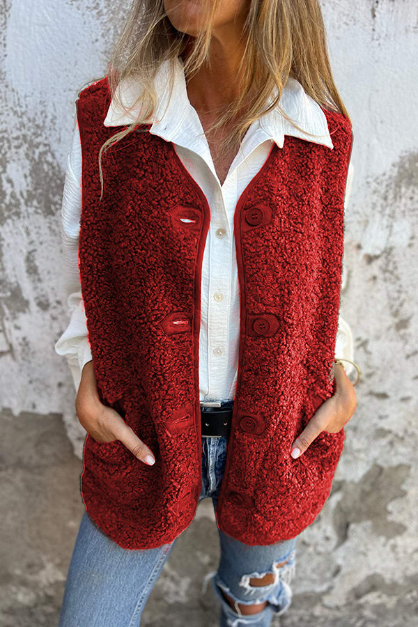 Solid Color V-Neck Pocket Button Sleeveless Polar Fleece Vest for Women - Warm Winter Layering, Outdoor Activities & Casual Wear