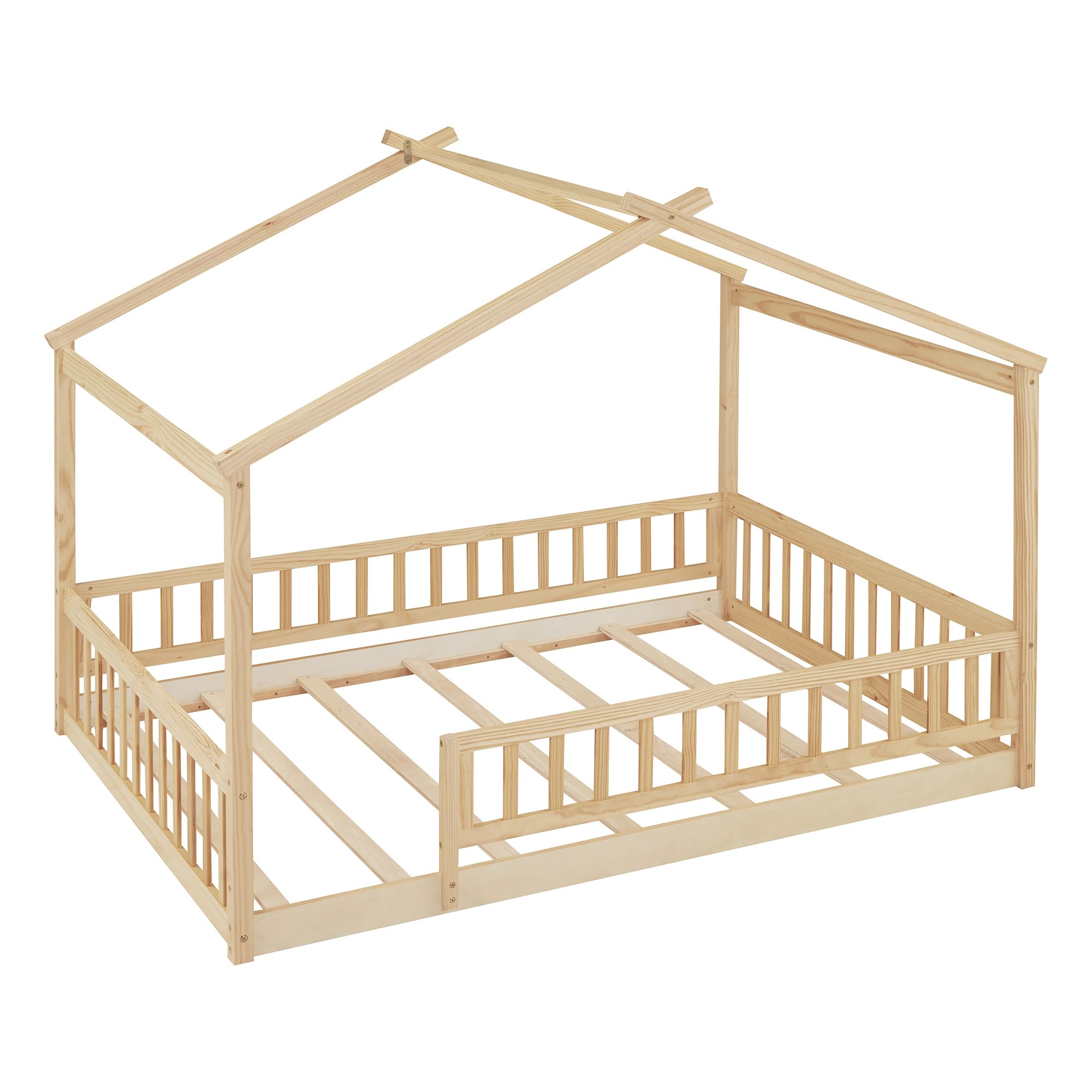 Montessori Floor Bed for Kids - Full Size Wood House Bed Frame with Safety Fence | Natural Wood Playhouse Bed | Toddler Floor Bed for Safe Sleep & Playtime Fun