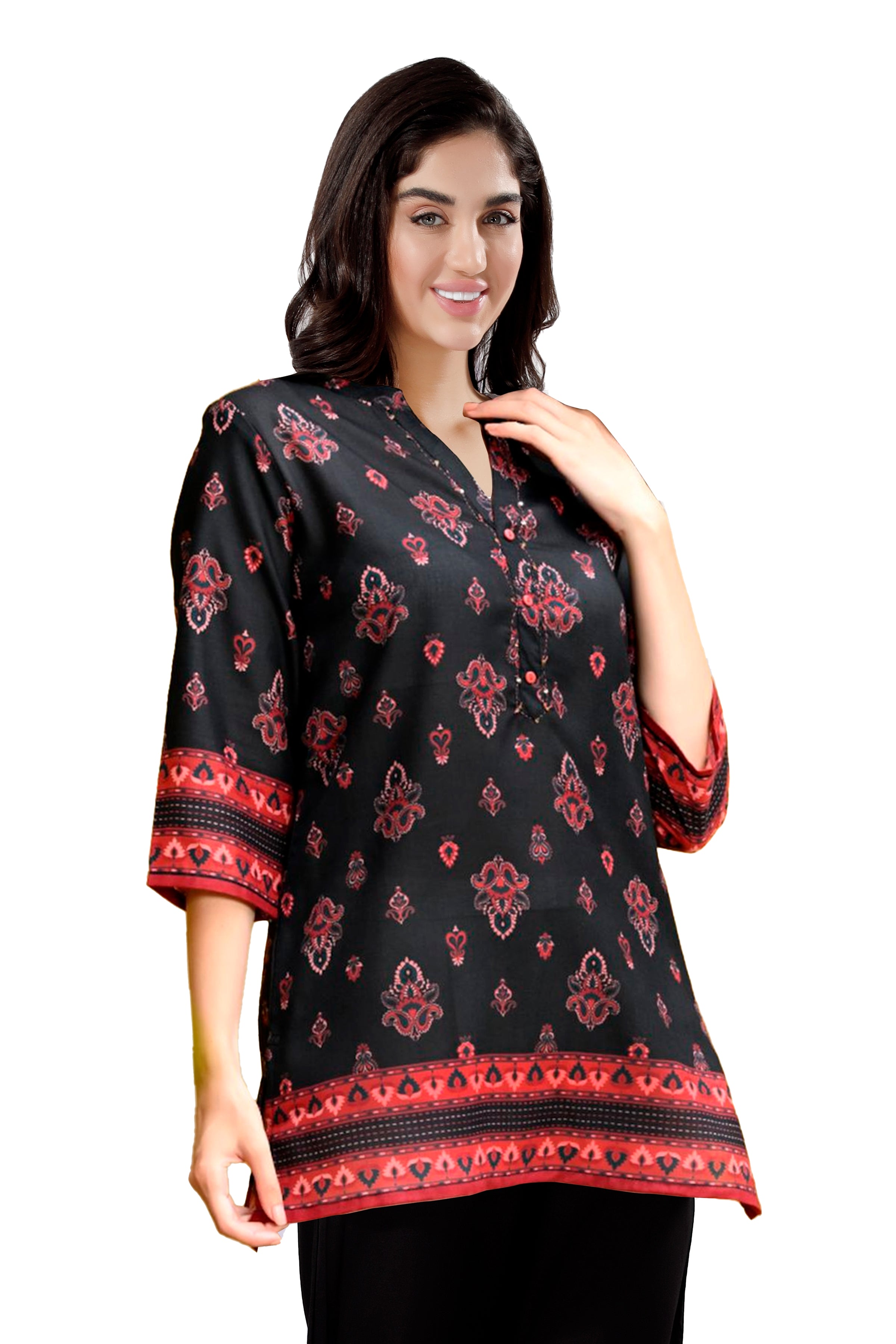 Black Cotton Print Mandarin Collar Short Sleeve Tunic Top for Women - Casual Boho Blouse with Chinese Style Collar (D1394) - Perfect for Summer Outfits, Vacations & Cultural Events
