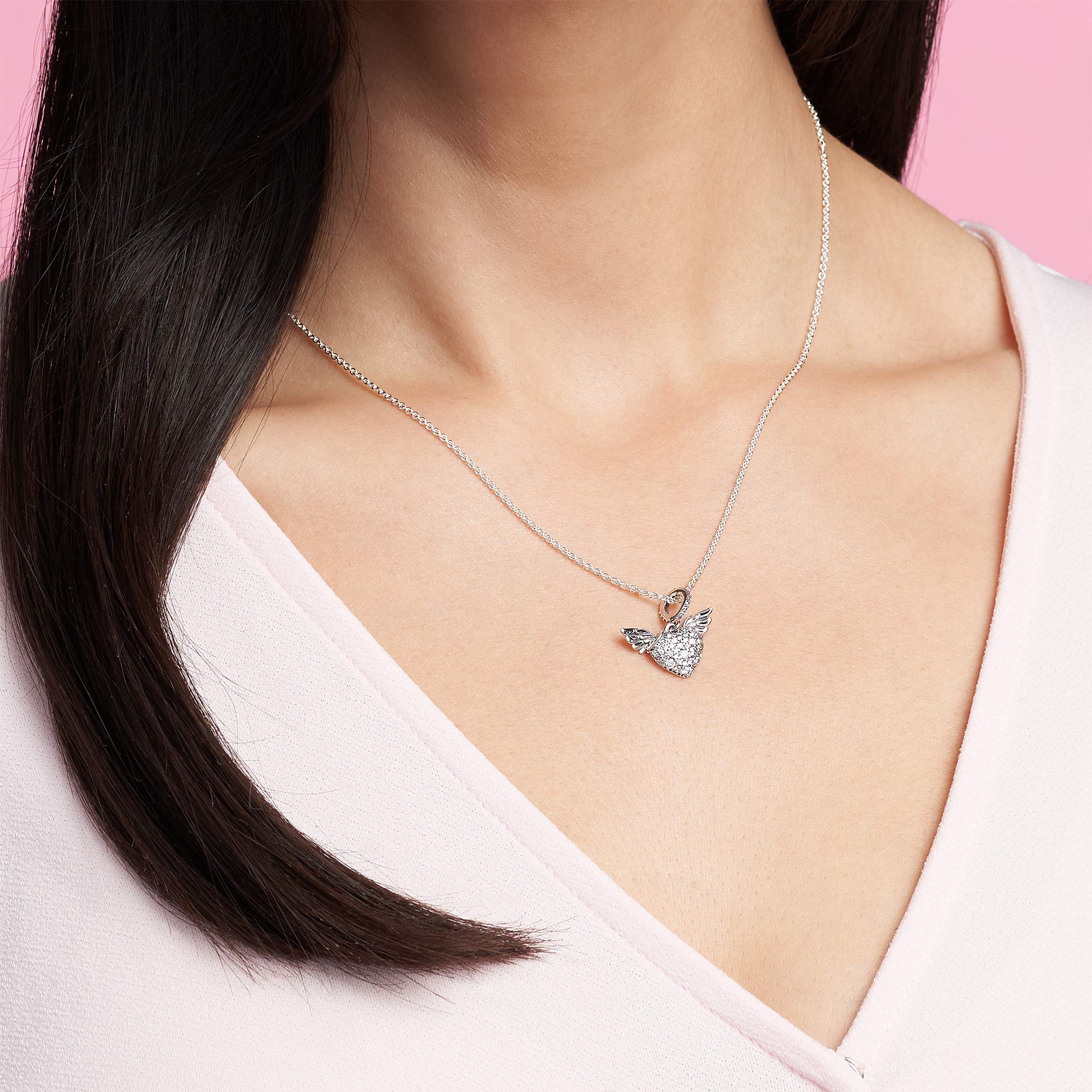 PANDORA Pave Heart & Angel Wings Sterling Silver Cubic Zirconia Necklace - 17.7