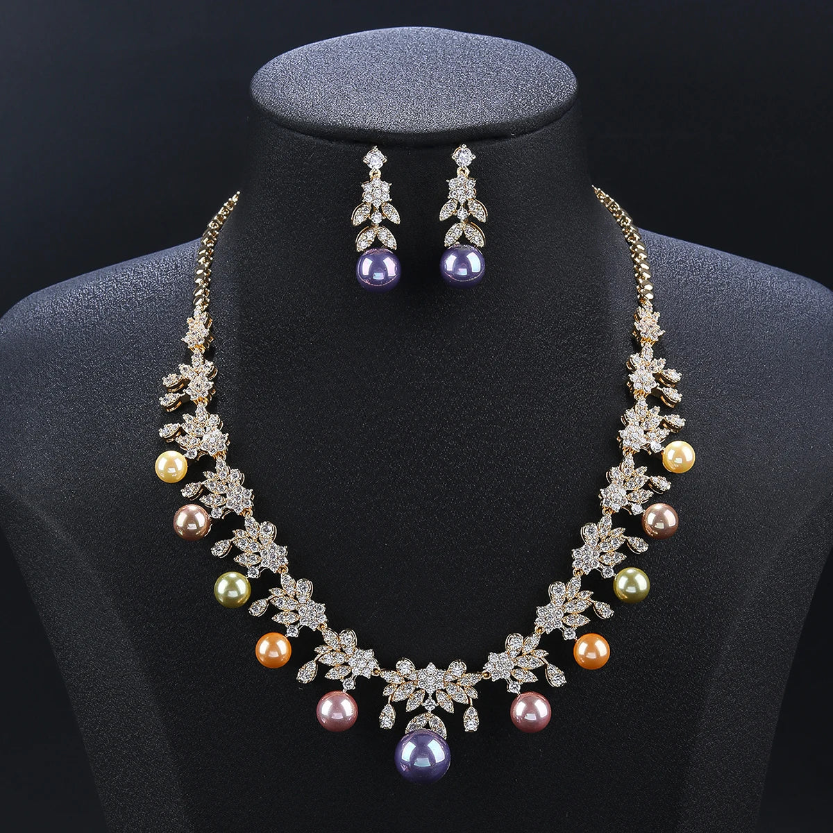 Elegant Cubic Zirconia Pearl Flower Necklace & Earrings Set for Women | Party Jewelry | Costume Accessories | Perfect for Weddings, Prom & Evening Events