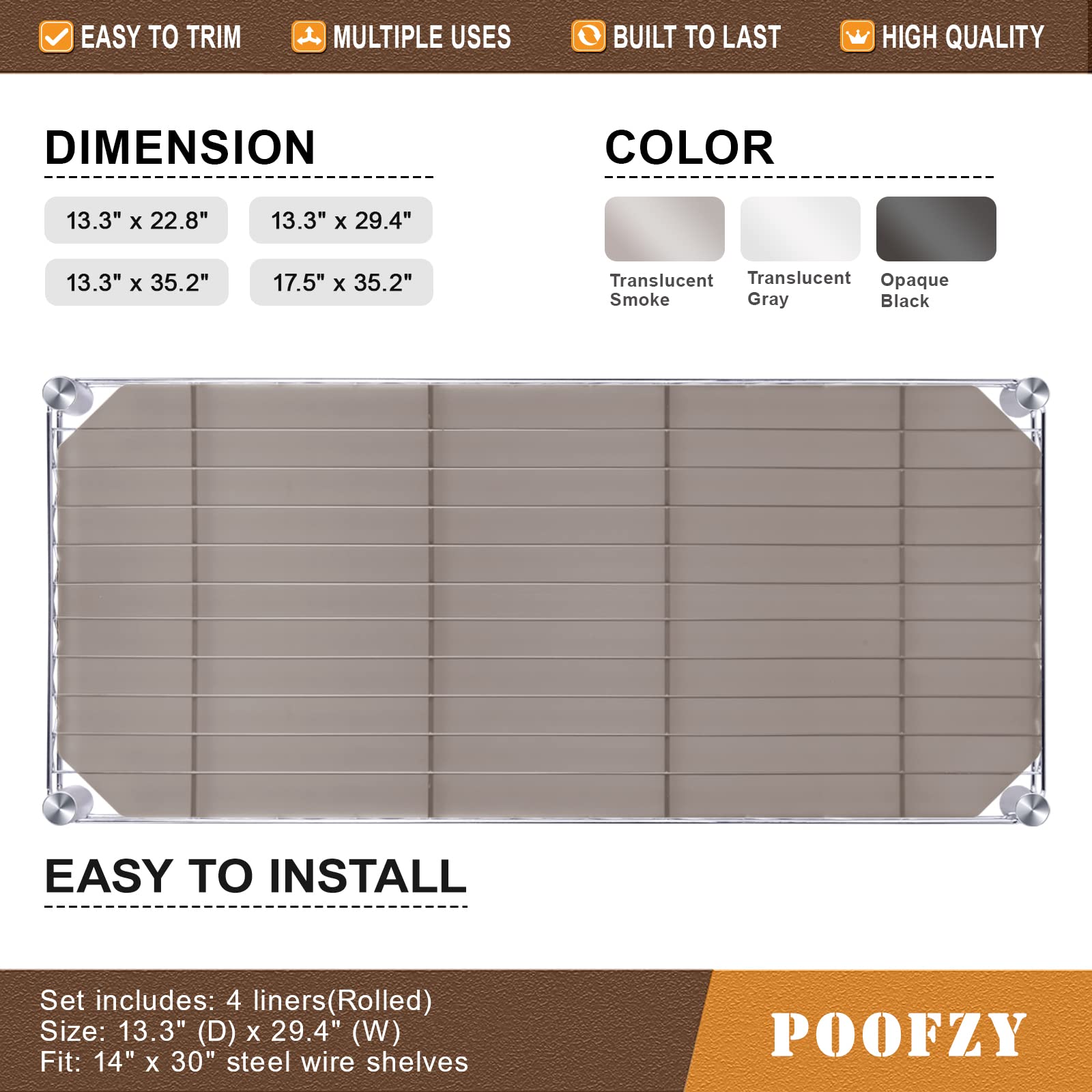 Poofzy Non-Adhesive Plastic Shelf Liners for Wire Shelving - 14