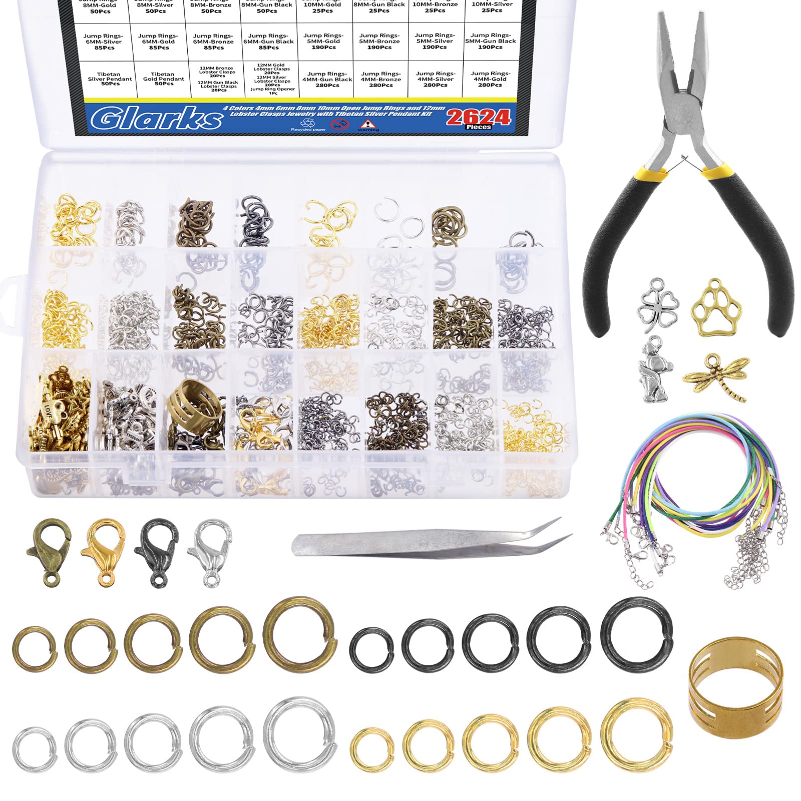 Glarks 2723Pcs Open Jump Rings & Lobster Clasps Kit - Jewelry Making Supplies with Pliers & Waxed Necklace Cords - DIY Bracelet, Necklace, Earring Repair & Crafting - Perfect for Beading, Jewelry Design & Gift Making