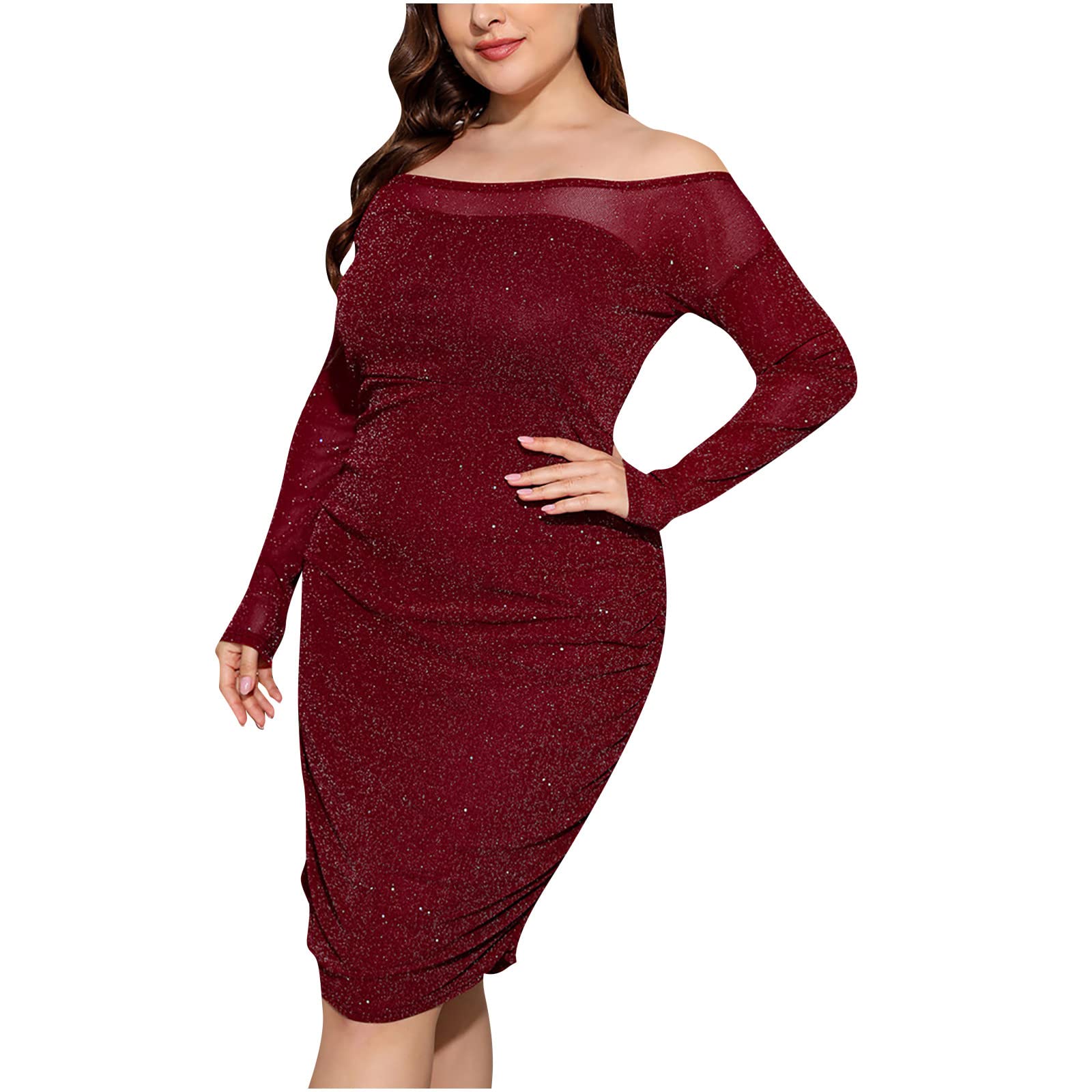 MIANHT Plus Size Patchwork Swing Dress for Women - Long Sleeve Wrap Hip Maxi Dress for Wedding Guest, Casual Occasions & Special Events | Elegant Party Wear, Date Night Outfit, Church Attire
