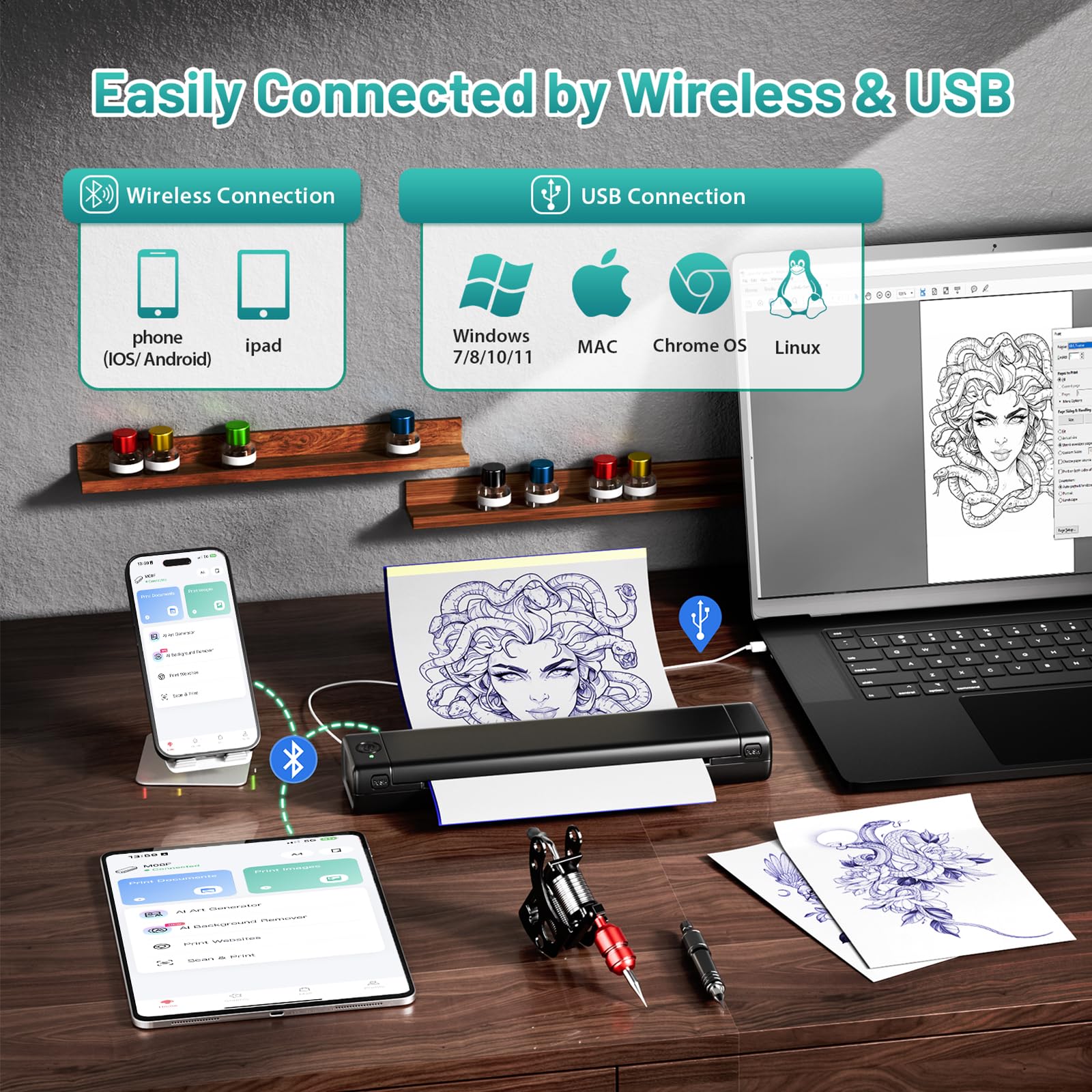 Professional M08F Wireless Tattoo Stencil Printer Kit - Bluetooth Thermal Printer for Tattoo Artists, Compatible with Smartphones & PC, Includes 10 Sheets A4 Transfer Paper - Perfect for Tattoo Studios, Home Practice & Professional Tattoo Design