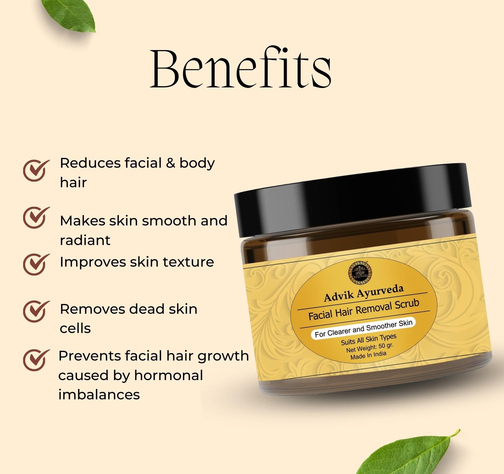 **Advik Ayurveda Facial Hair Removal Scrub 50g & Aloe Vera Gel 100g – Skin Smoothing Combo | Painless Hair Reduction | Hydrating & Moisturizing Aloe Gel for Face & Body | Perfect for Sensitive Skin & Post-Waxing Care**    *(Use Case: Ideal for at-home spa days, pre-wedding skincare routines, and soothing post-hair removal irritation.)*