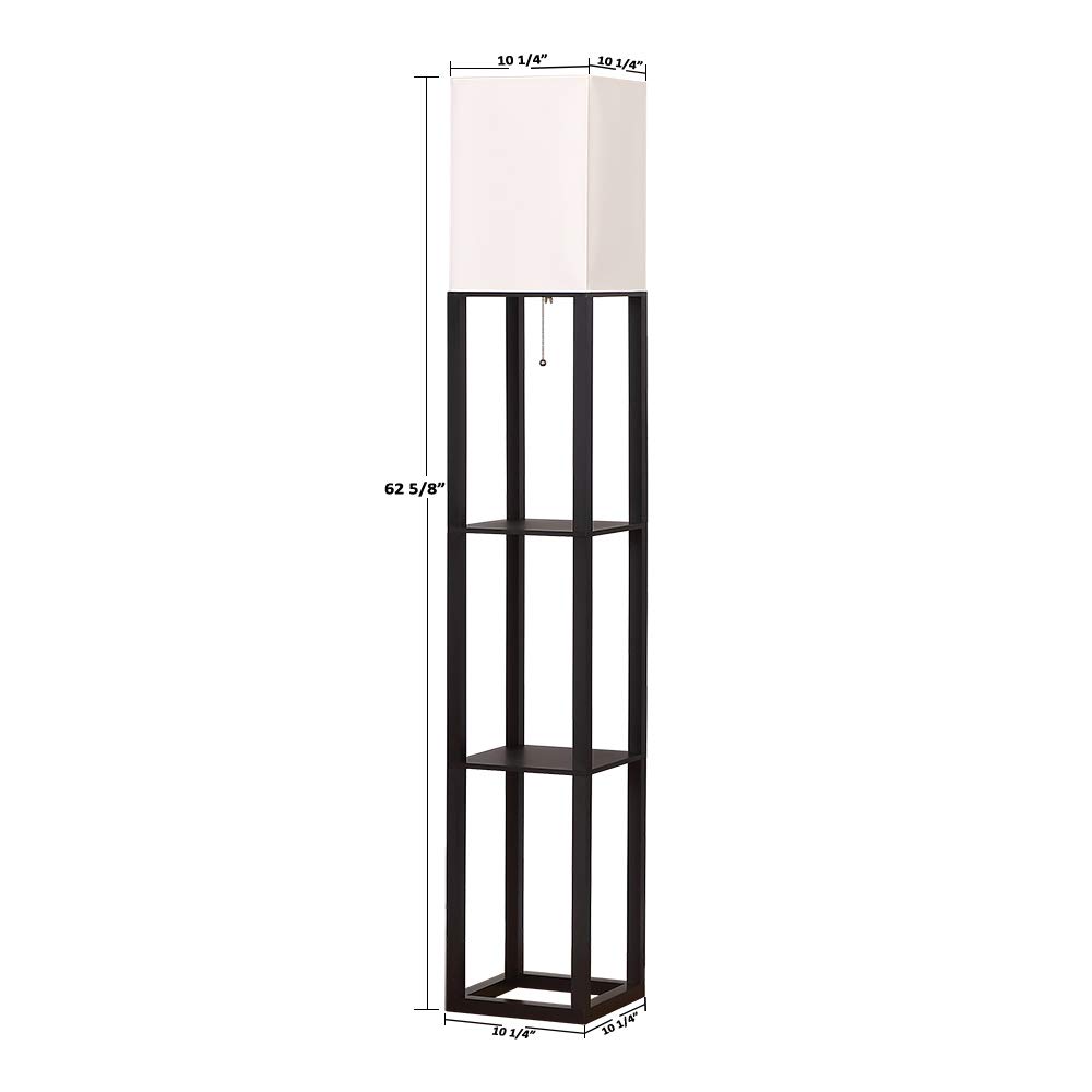 HomeFocus - Modern LED Shelf Floor Lamp with Display Shelves, White Linen Shade & Wooden Base in Black - Perfect for Living Room, Bedroom, or Office Lighting & Decor