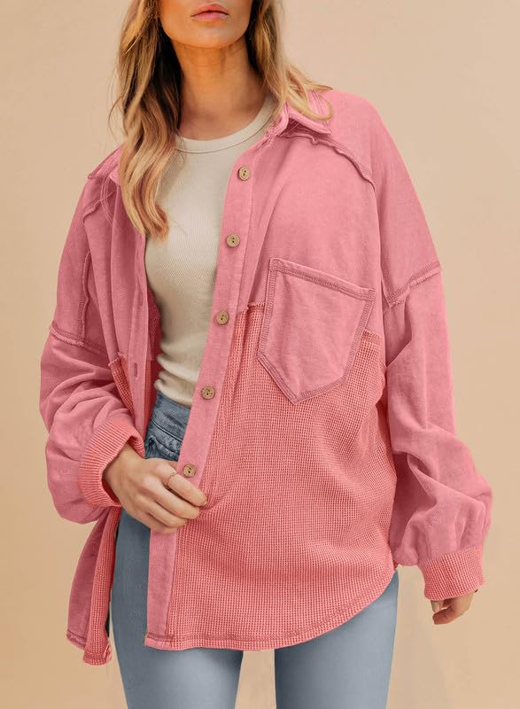 SHEWIN Women's Waffle Knit Shacket - Fall Fashion Button Down Shirt Jacket, Loose Fit Long Sleeve Tops for Casual Outfits & Layering | Perfect for Autumn Outings, Office Wear & Weekend Errands