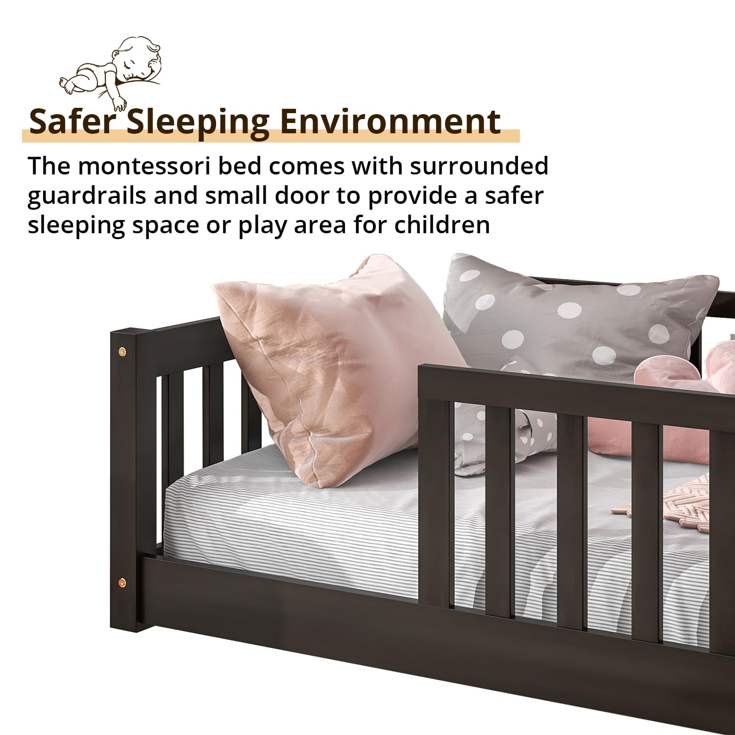 Montessori Twin Floor Bed for Kids - Solid Wood Frame with Sturdy Slats & Safety Rail - Durable Toddler Bed for Boys, Girls & Teens - Espresso Finish - Perfect for Montessori Rooms, Daycare or Small Spaces