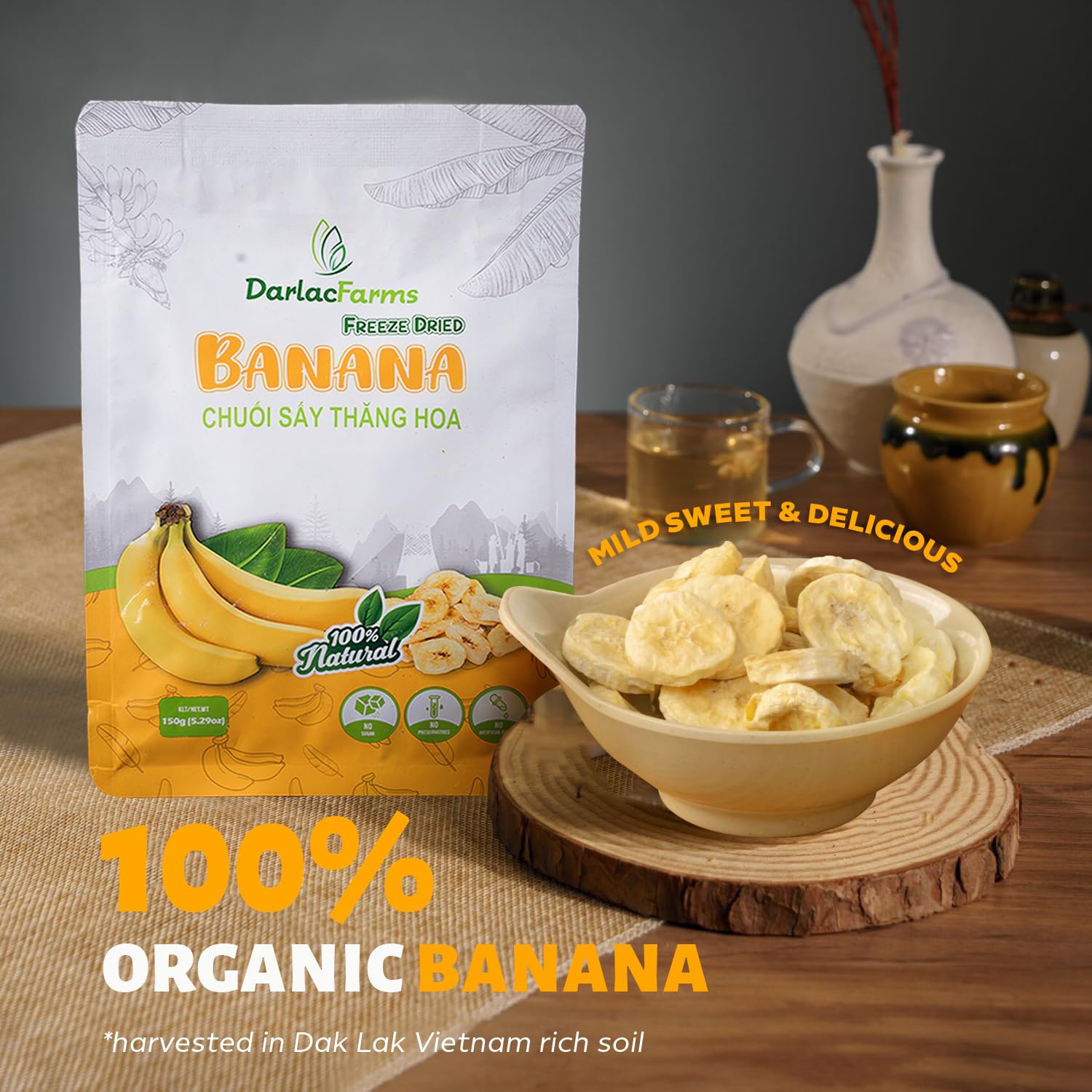 DARLAC FARMS Organic Freeze Dried Banana Chips - 5.29 Oz, No Sugar Added, Crunchy Healthy Snack for Kids & Adults | Perfect for Lunchboxes, Hiking, and On-the-Go Snacking