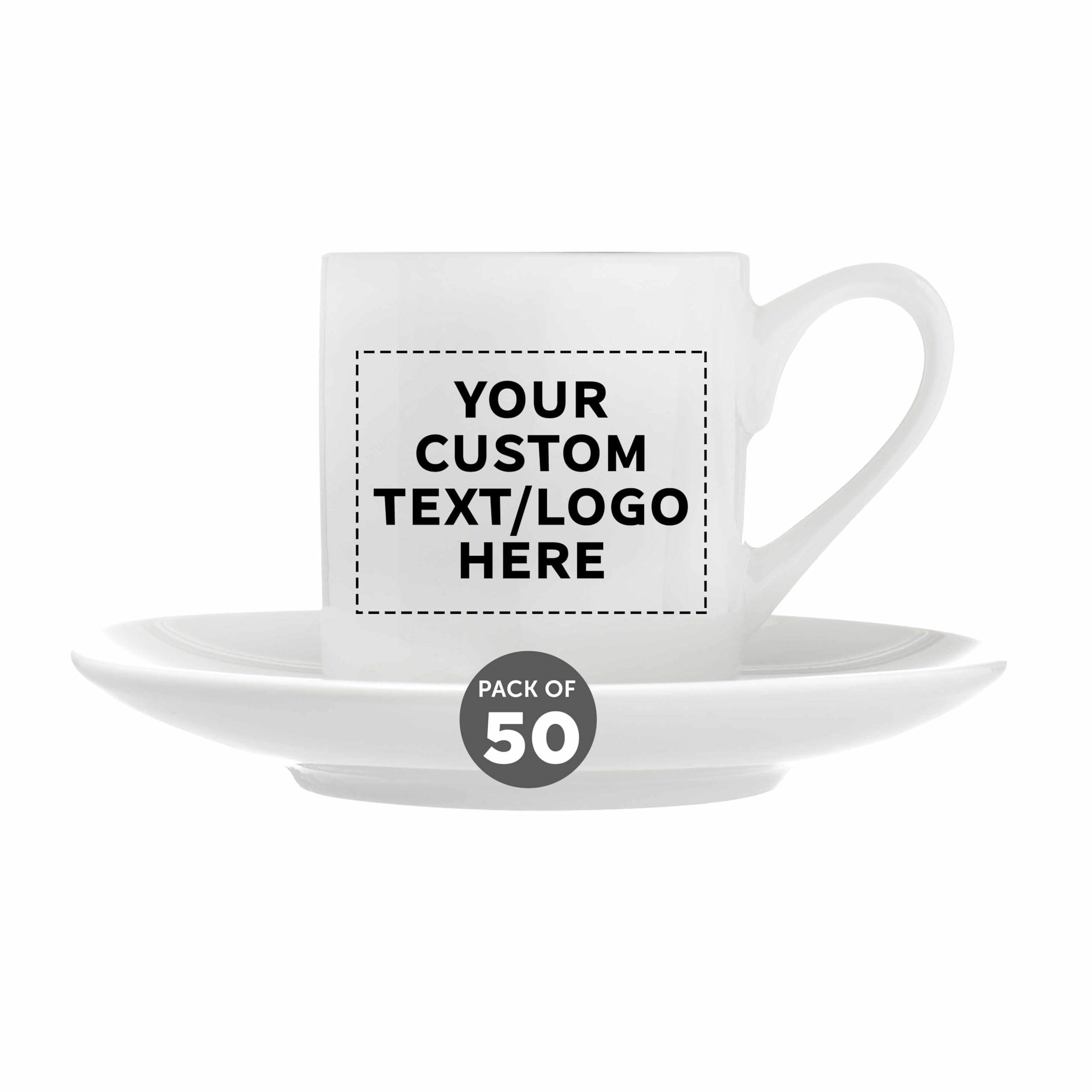 50-Piece Porcelain Espresso Cup and Saucer Set - 3 oz White Coffee Cups with Custom Text & Logo - Perfect for Coffee Shops, Restaurants, and Home Use