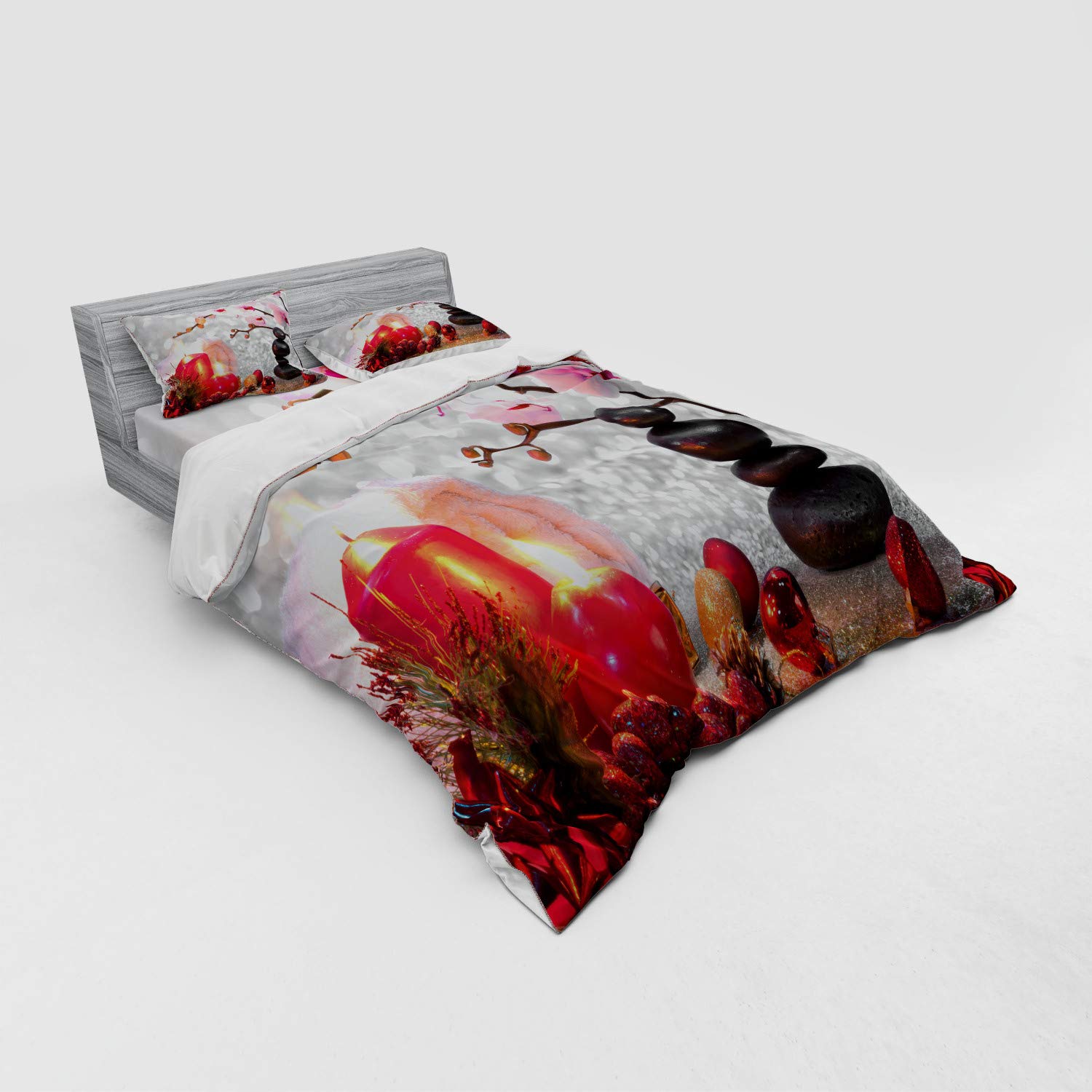 Ambesonne Winter Christmas Themed 4-Piece Queen Duvet Cover Set with Pink Orchid Stone & Red Candles Design - Includes Shams & Fitted Sheet (Red, Pink, Black, White) for Holiday Bedroom Decor & Cozy Seasonal Home Styling