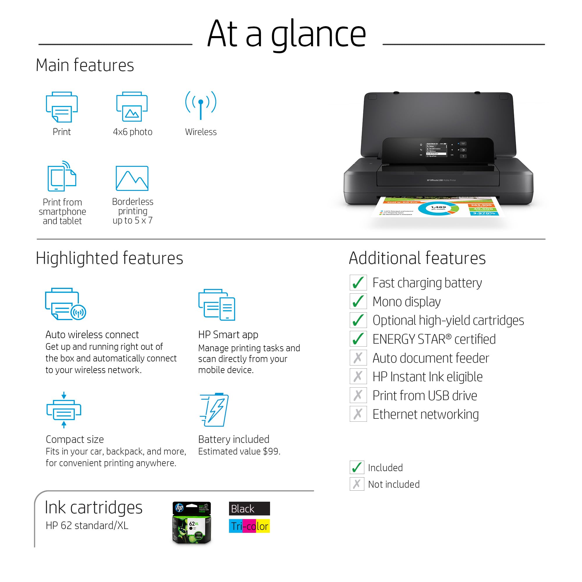 HP OfficeJet 200 Wireless Mobile Printer - Portable Printer for Home & Office, Black (CZ993A) | Print Anytime, Anywhere with Built-in Battery | Perfect for Business Trips, Remote Work & On-the-Go Printing