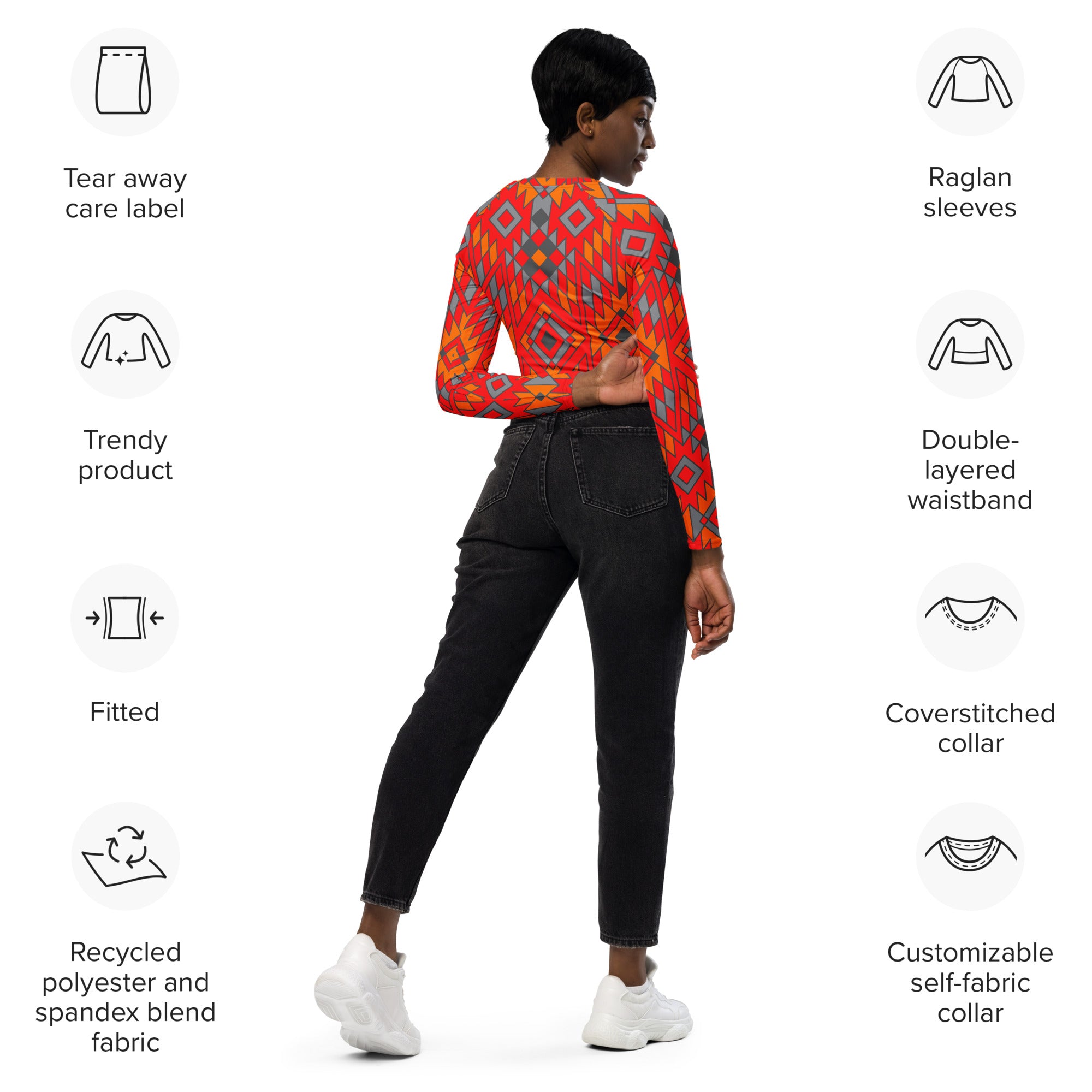 Eco-Friendly Southwestern Print Long Sleeve Crop Top | Sustainable Recycled Fabric | Perfect for Music Festivals & Boho Fashion