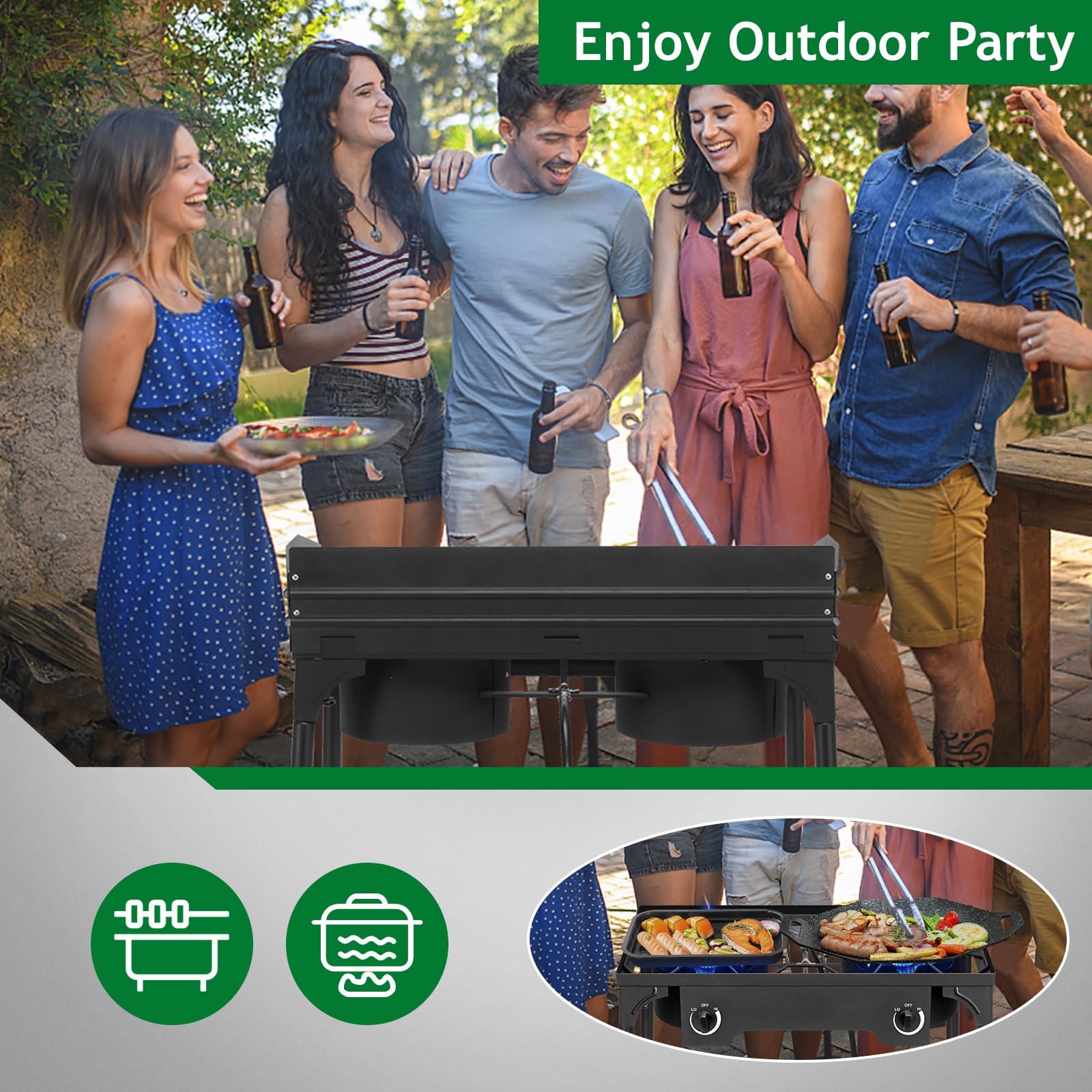 Outvita 2 Burner Propane Gas Stove - 150,000 BTU Outdoor Camping Cooker with Windscreen & Detachable Legs - Perfect for Backyard BBQ, Turkey Frying, Baking & Picnics - Portable Stove for Camping, Tailgating & Emergency Cooking