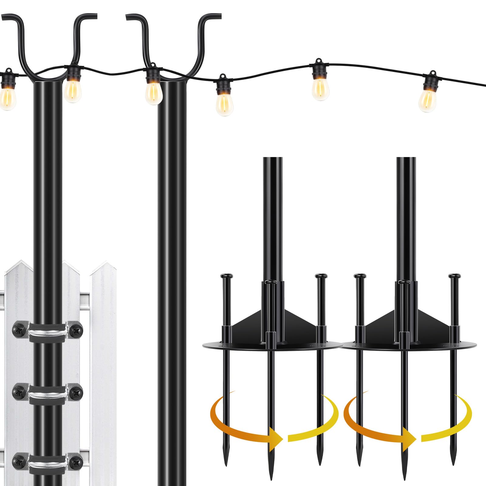 PULLAFUN 11FT Outdoor String Light Pole Stand - 4-in-1 Hanging Light Holder for Patio, Garden, Bistro, Wedding & Party Decor (4 Pack, Black) | Perfect for Creating Ambient Lighting in Backyards, Decks and Outdoor Events