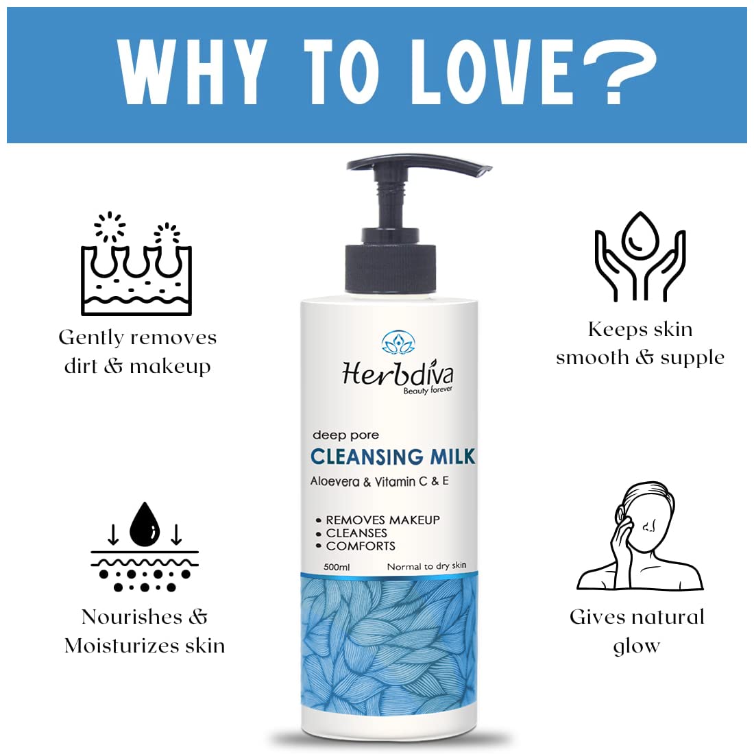 Herbdiva Vitamin C & E Cleansing Milk 500ml - Deep Pore Cleanser for Radiant Skin | Gentle Face Wash for Daily Skincare Routine & Makeup Removal