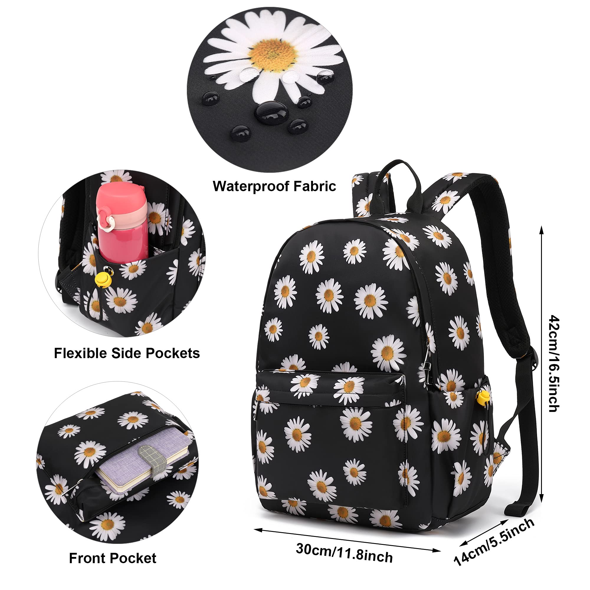 Floral School Backpack for Girls & Women - Cute Flower Print Bookbag with Laptop Compartment, Durable Backpack for Teens & Ladies (Daisy Black) - Perfect for School, College, Work & Travel