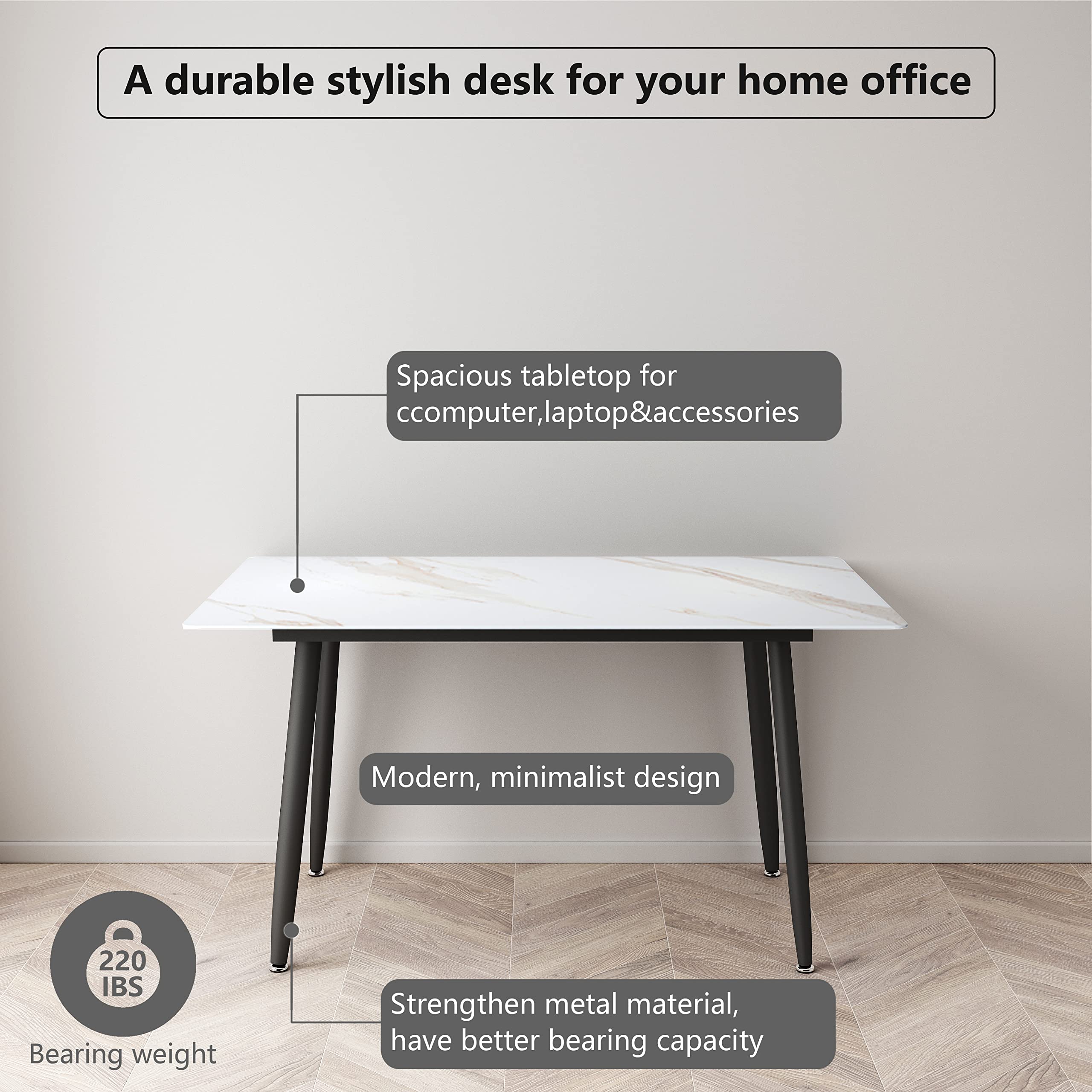 Modern Sintered Stone Dining Table with Metal Legs - Kitchen, Living Room, Dining Room & Office Table - Perfect for Family Gatherings, Dinner Parties & Workspace