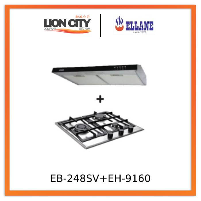 Ellane 60cm/90cm Slimline Range Hood with Black Panel EH 9160 & EB 248SV 3-Burner Stainless Steel Gas Cooktop - Perfect for Modern Kitchen Ventilation and Cooking