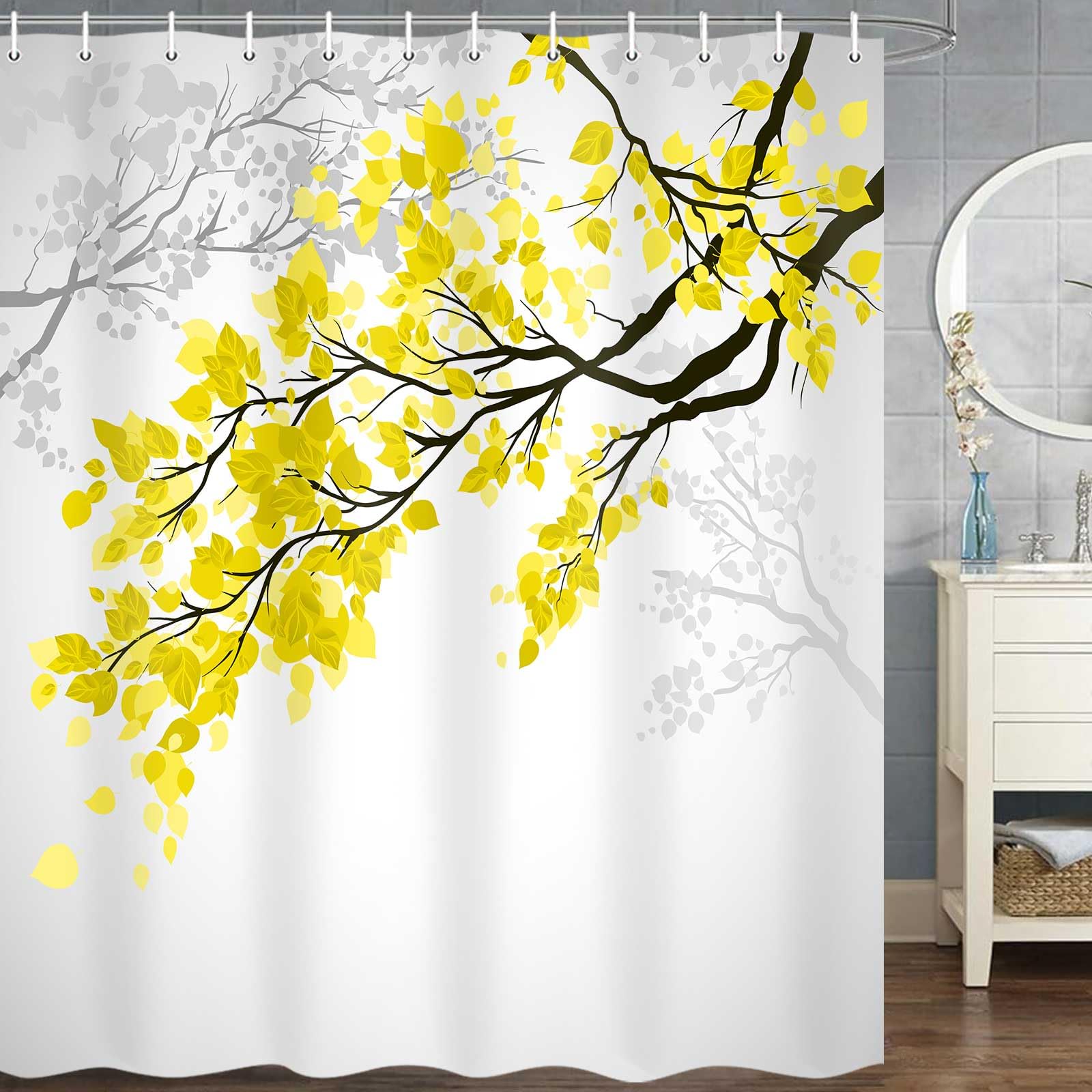 Yellow and Grey Leaf Shower Curtain with Tree Branch Art Print - 69x70 Inch Waterproof Polyester Bathroom Curtain - Includes 12 Hooks - Perfect for Modern, Nature-Inspired Bathroom Decor and Spa-Like Shower Experience