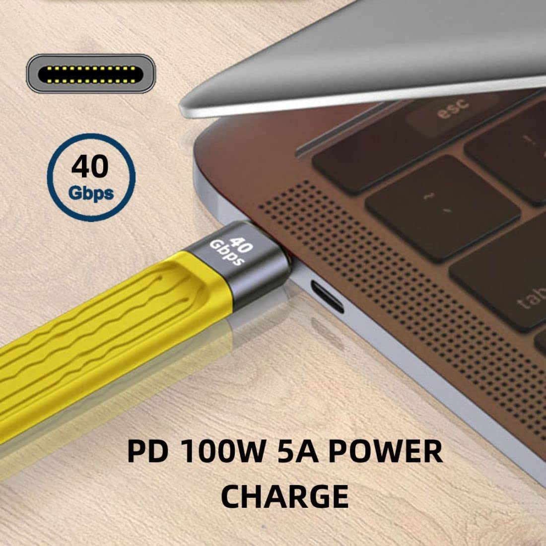 Chenyang USB C to USB C Cable 40Gbps - USB4 Extension Cable Slim Flat Male to Female with 100W Fast Charging & 8K@60Hz Video - Thunderbolt 3/4 Compatible (13cm, Yellow) - Perfect for MacBook, iPad Pro, Galaxy S23 & High-Speed Data Transfer