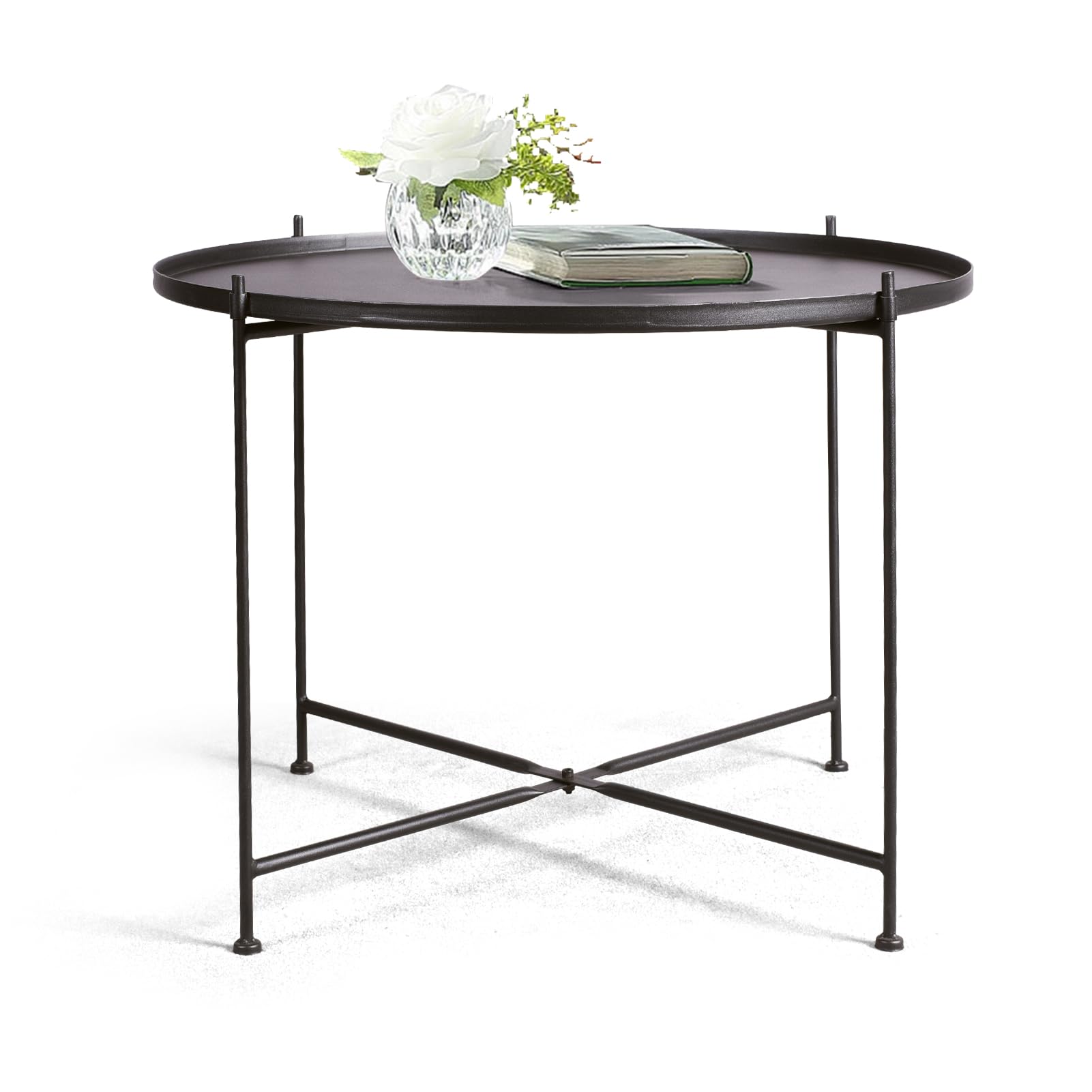 Round Side Table with Tray Top - Metal Folding Accent Coffee Table - Waterproof & Rustproof for Indoor & Outdoor Use - 21.65