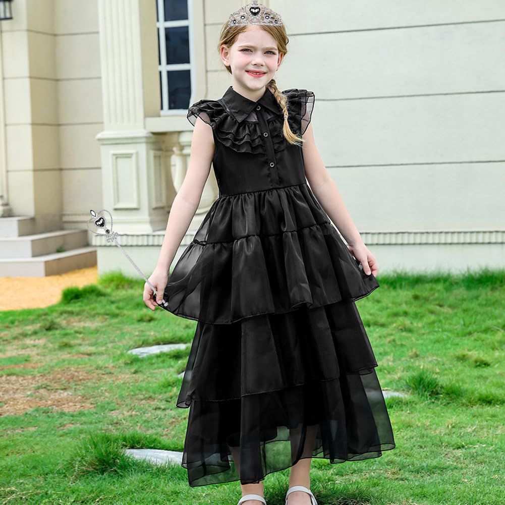 Wednesday Addams Costume Set for Girls - Halloween Gloves, Tiara, Necklace, Wand, Earrings, Bracelet & Ring | Kids Cosplay Dress Up Accessories | Perfect for Halloween, Christmas Gifts & Themed Parties