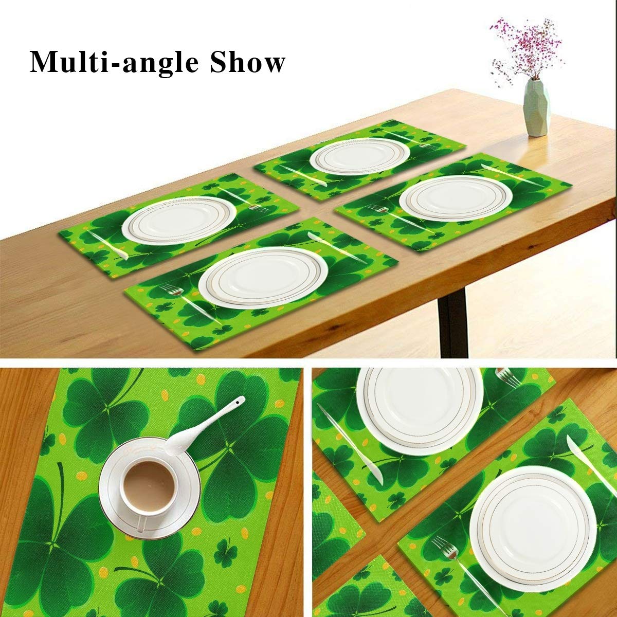 Bolaz St. Patrick's Day Clover Shamrocks Placemats Set of 4 - Washable 12x18 Inch Table Mats for Kitchen, Dining & Home Decor - Perfect for Irish-Themed Parties & Holiday Celebrations