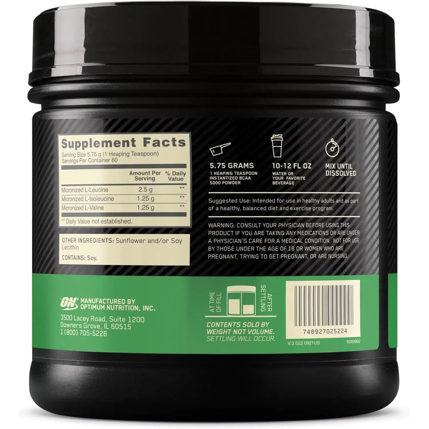 Optimum Nutrition BCAA 5000 Powder Unflavored - Branched Chain Amino Acids Supplement for Muscle Recovery & Growth - Pre Workout & Post Workout Drink for Athletes & Bodybuilders