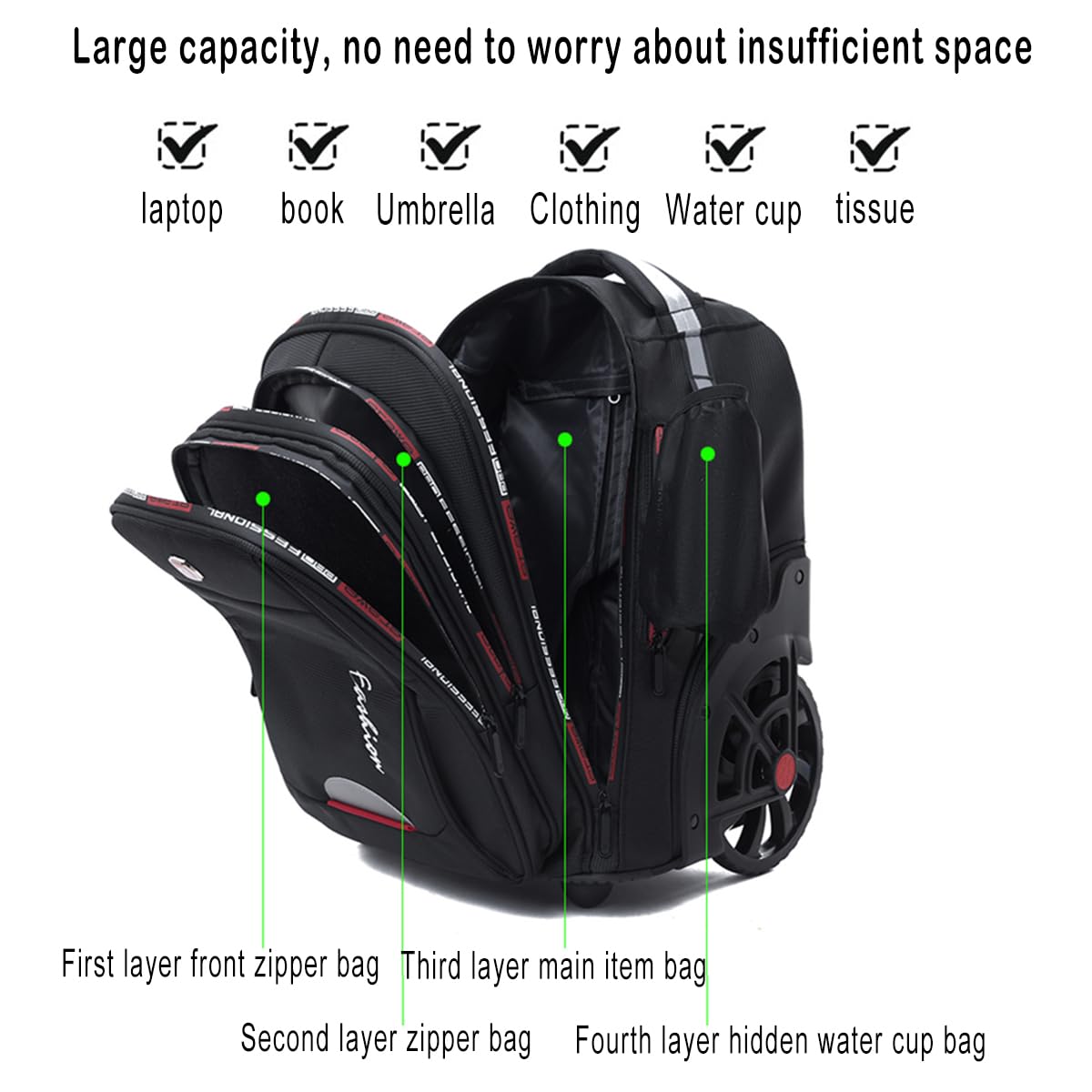 22 Inch Rolling Backpack with Wheels - Waterproof Wheeled Travel Backpack for Men & Women, Carry-On Luggage with Laptop Compartment Fits 17 Inch Laptop, Black - Perfect for Air Travel, Business Trips & School Use