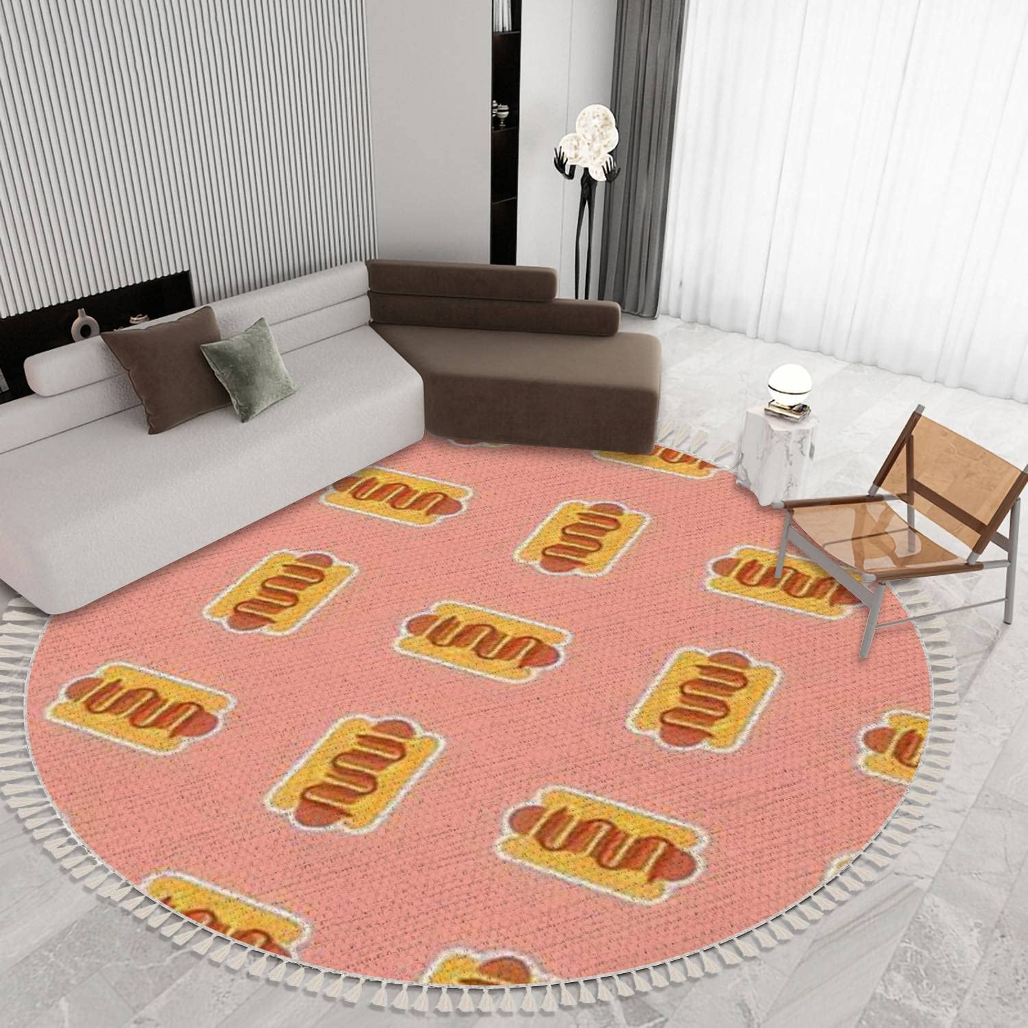 Cute Hotdogs Cartoon Round Fringe Shag Rug - 6' Boho Circle Throw Area Carpet with Tassels for Kids Room, Nursery & Playroom - Soft Fast Food Themed Decor for Girls Bedroom, Powder Room & Cozy Spaces