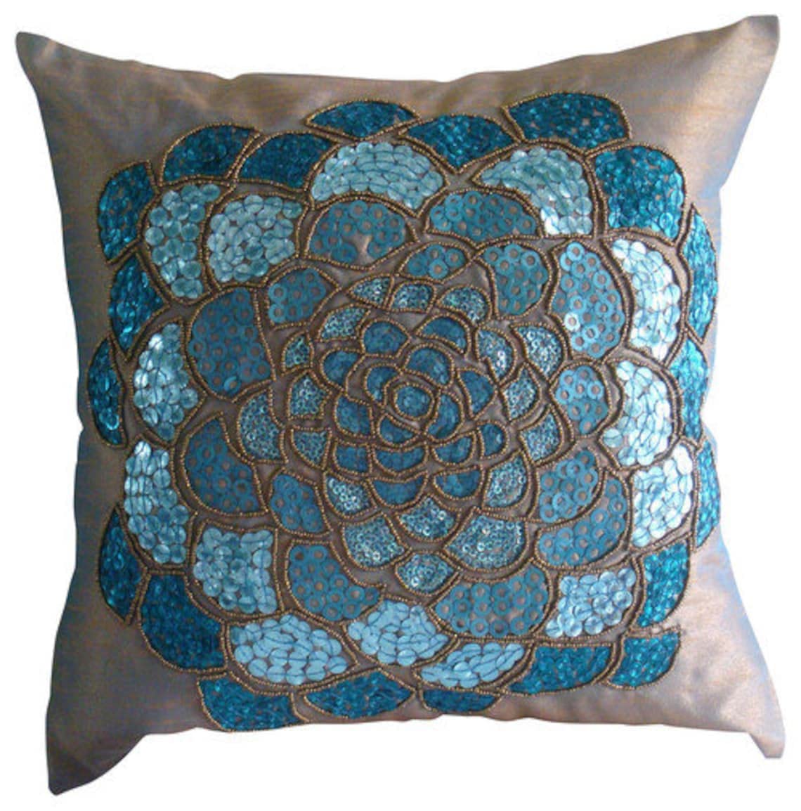 HomeCentric Blue Floral Silk Throw Pillow Covers 16x16 Inch (40x40 cm) - Sequins Embellished Modern Decorative Couch Pillow Cases for Living Room, Bedroom & Sofa - Wild Flower Design